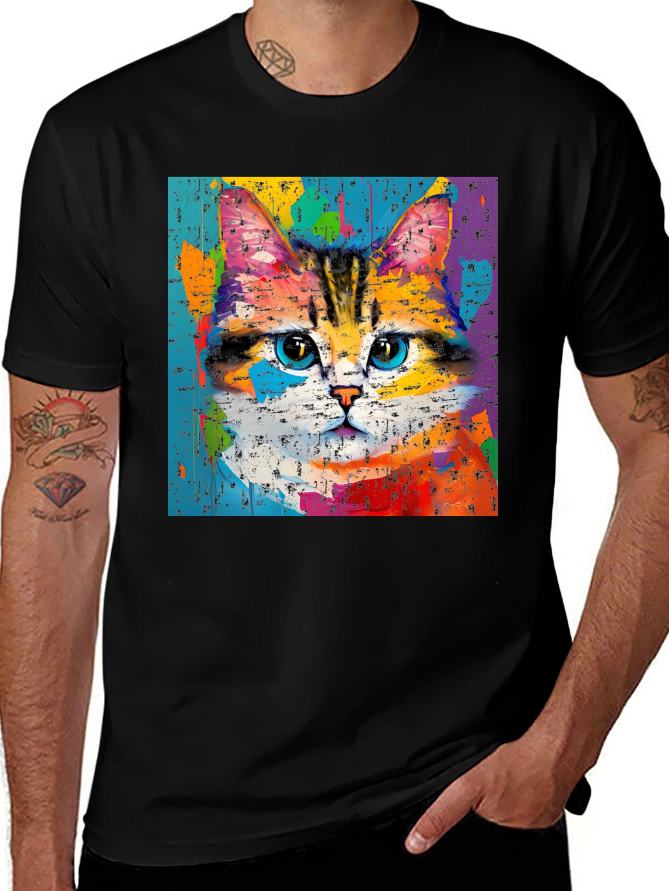 Black Colorful Cat Art T-Shirt main image