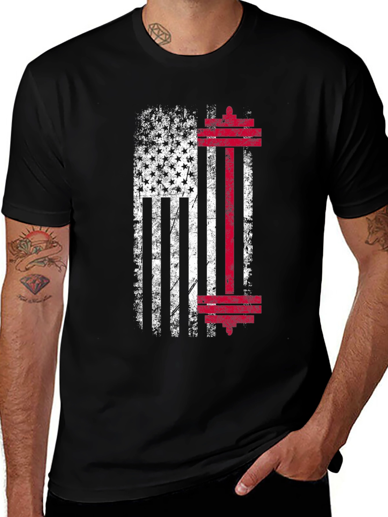 American Flag Barbell Workout T-Shirt - Gym Fitness Apparel