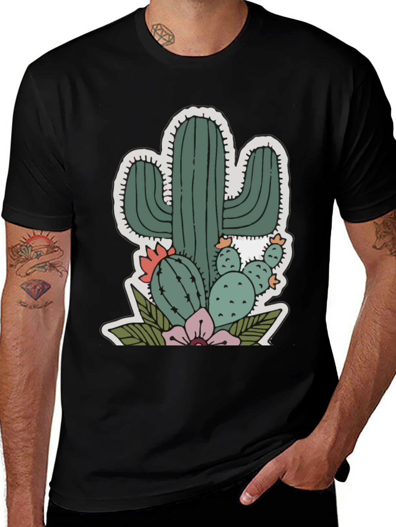 Variant 7 of Cactus Flower T-Shirt - Black Cotton Tee