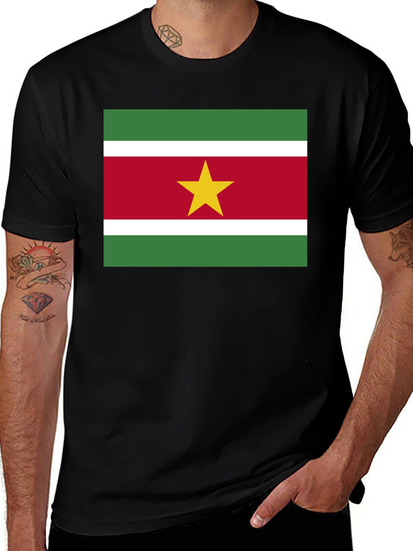 Variant 13 of Suriname Flag T-Shirt, Black Cotton Tee