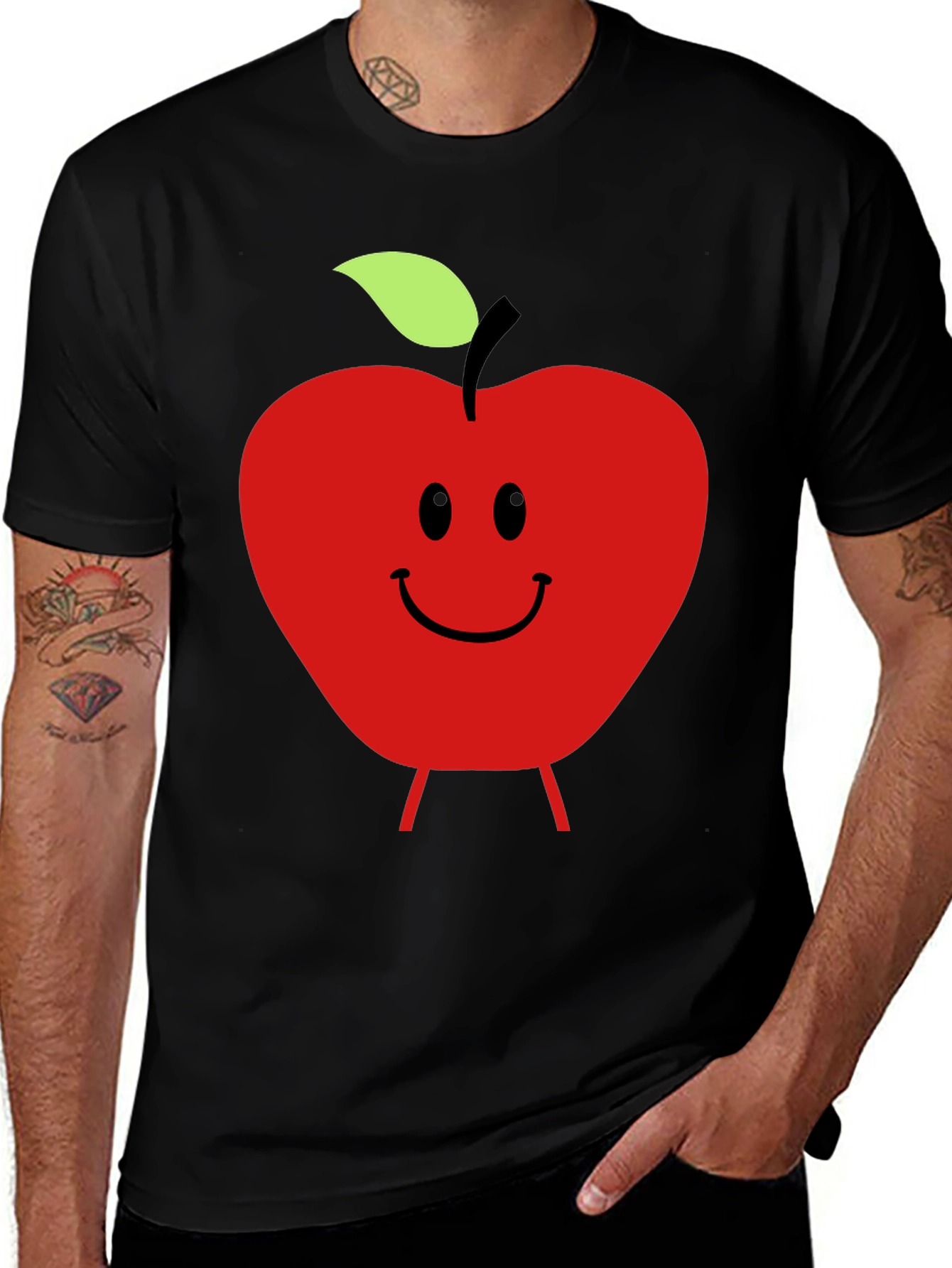 Variant 20 of Whimsical Apple Graphic Tee - Black Cotton Shirt