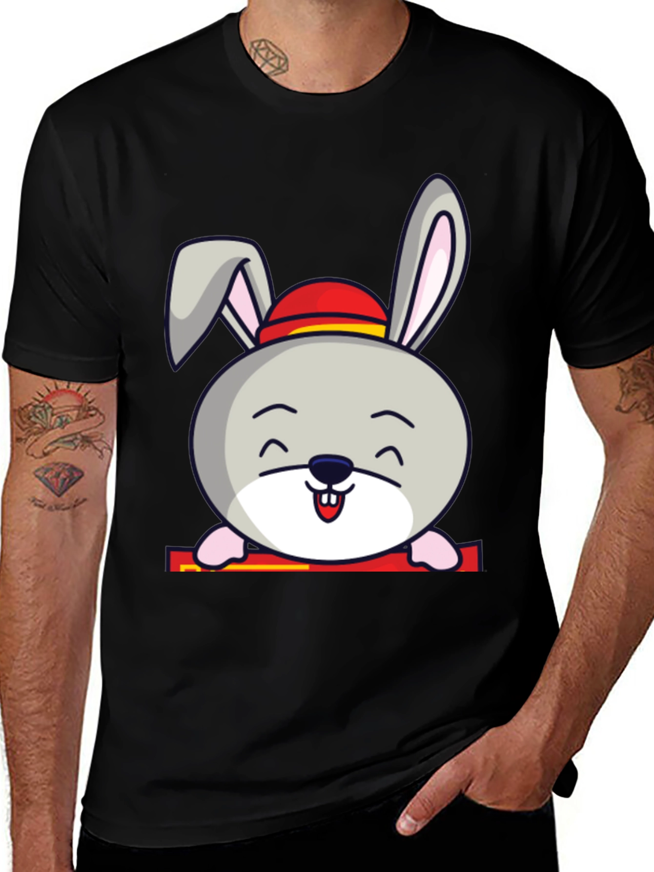 Variant 2 of Cute Bunny T-Shirt - Black, Cartoon Style
