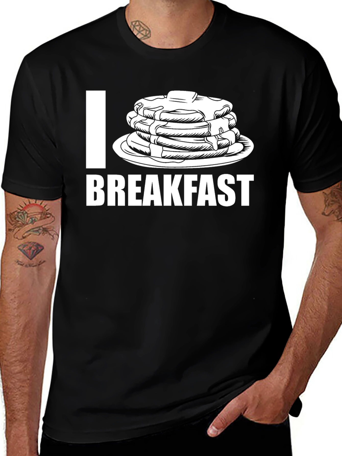 Variant 13 of I Love Breakfast Pancake Graphic Tee - Black Cotton T-Shirt