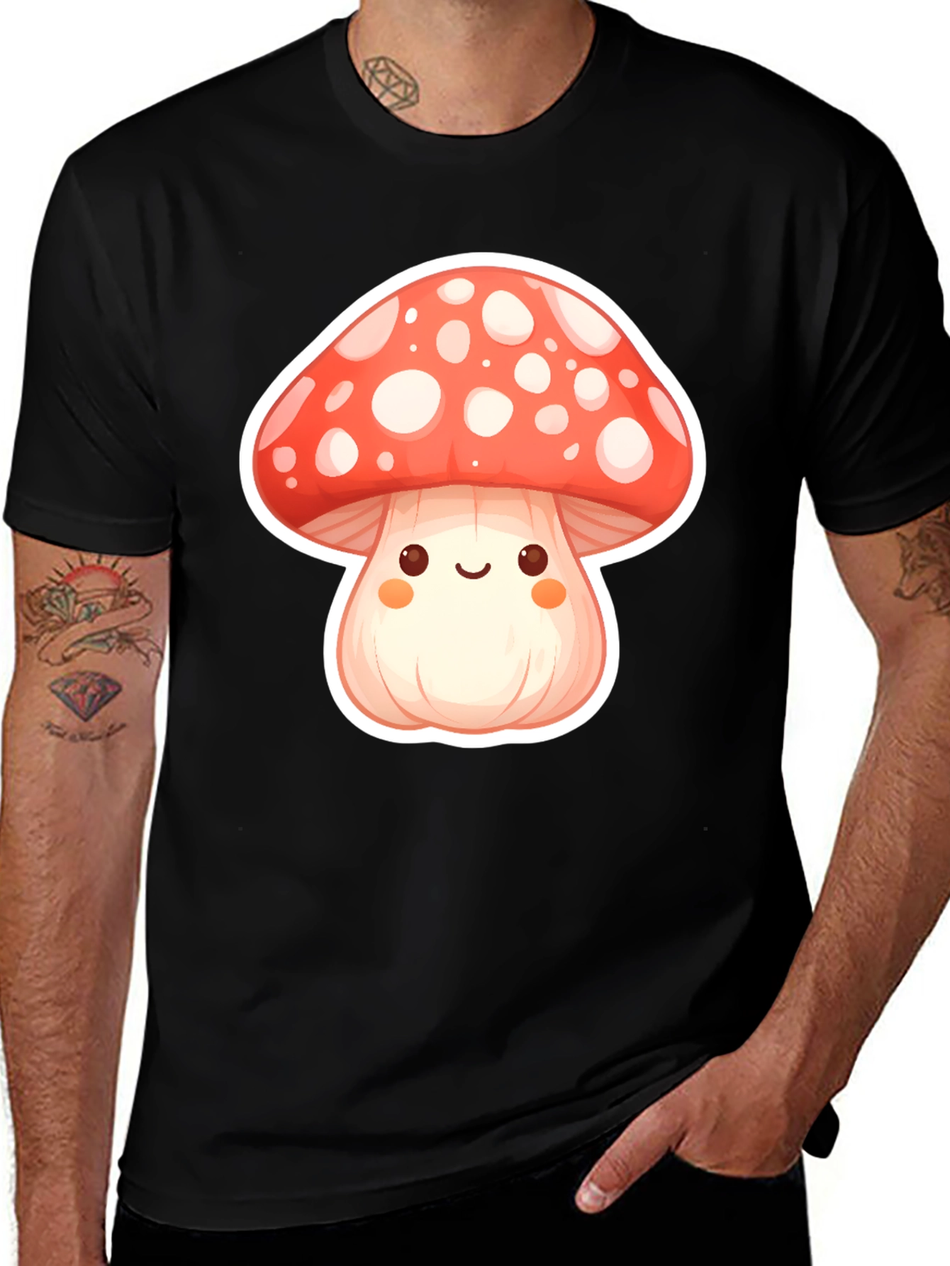 Variant 9 of Cute Mushroom Graphic Tee - Soft Black Cotton T-Shirt