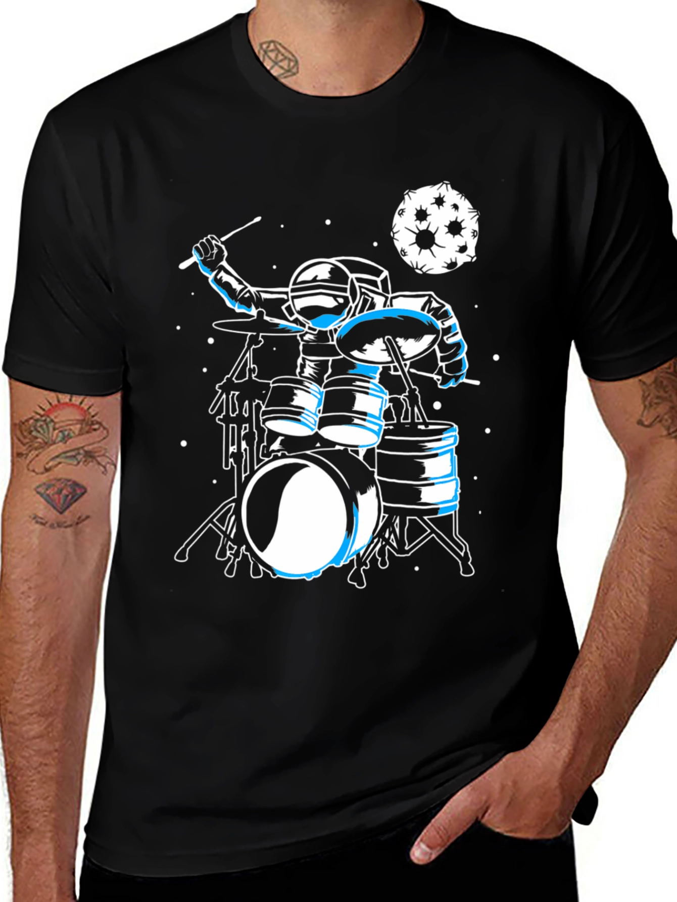 Black Astronaut Drummer Graphic Tee - Space Music Shirt main image