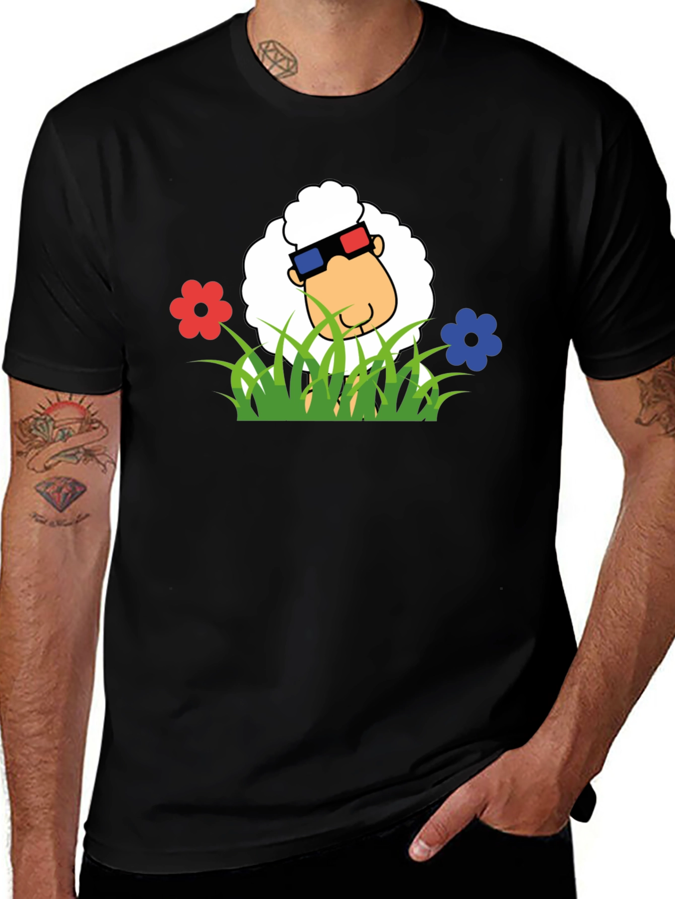 Variant 3 of Funny Sheep in 3D Glasses Black T-Shirt