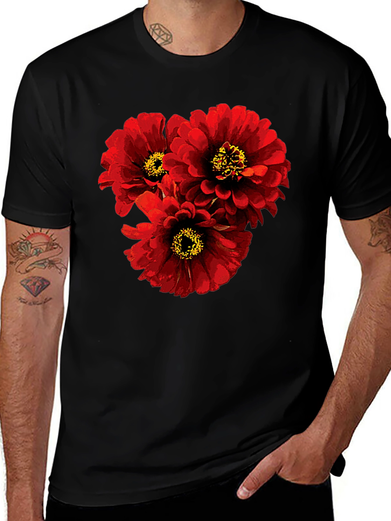 Variant 20 of Floral Print T-Shirt - Bold Red Flowers