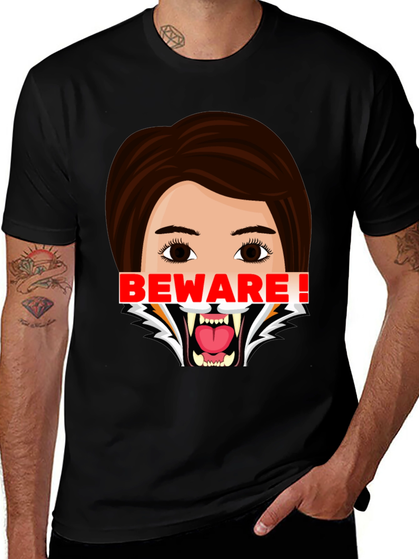 Variant 5 of Beware Graphic Tee - Edgy Cartoon Design