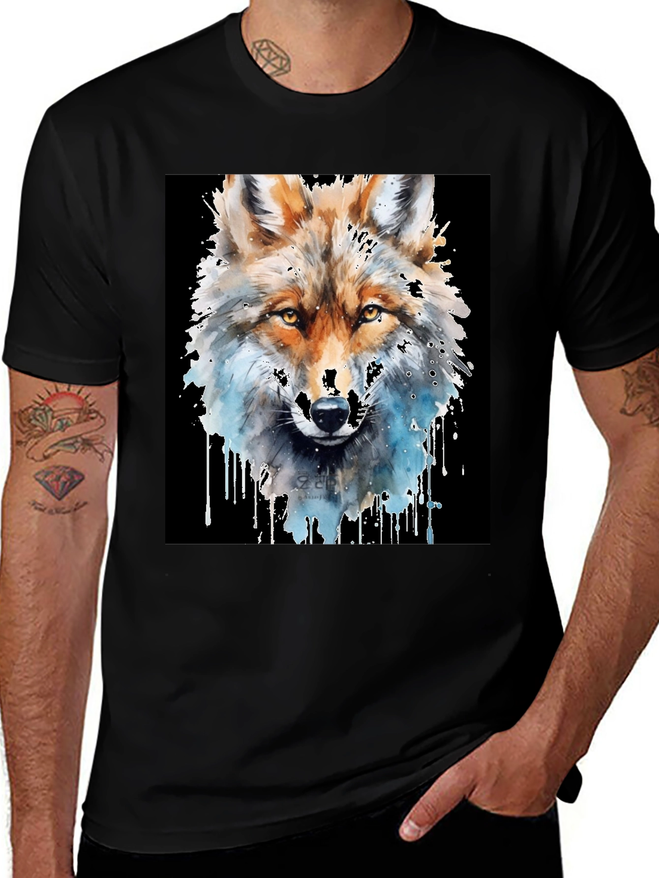 Variant 22 of Wolf Watercolor Graphic Tee - Black Cotton T-Shirt