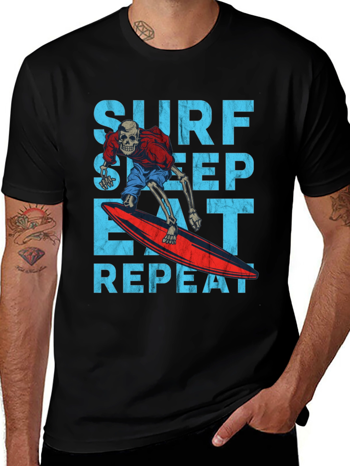 Black Surf Sleep Eat Repeat Skeleton Surfer Graphic Tee main image