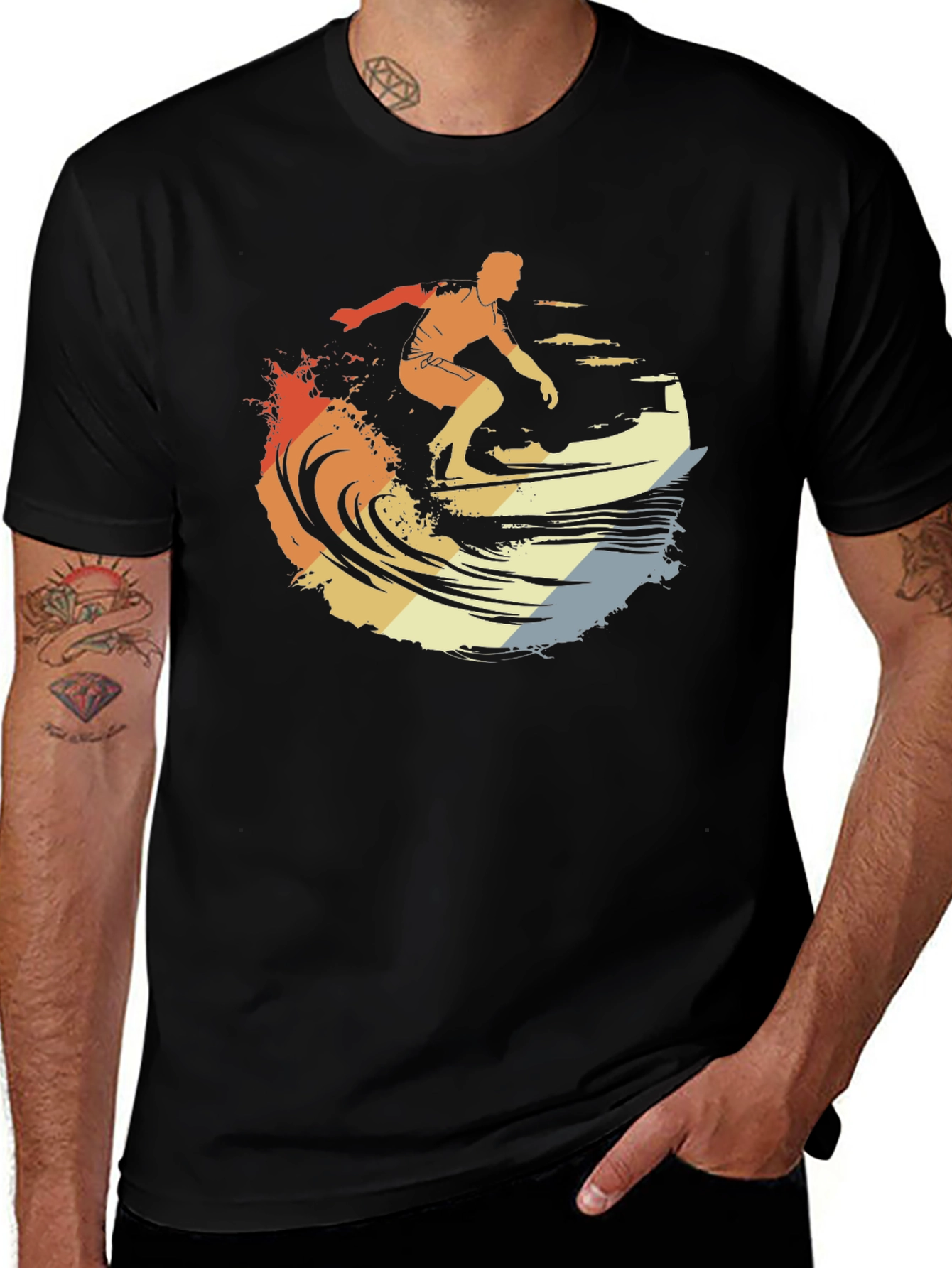 Retro Surfer Graphic Tee - Black Cotton T-Shirt