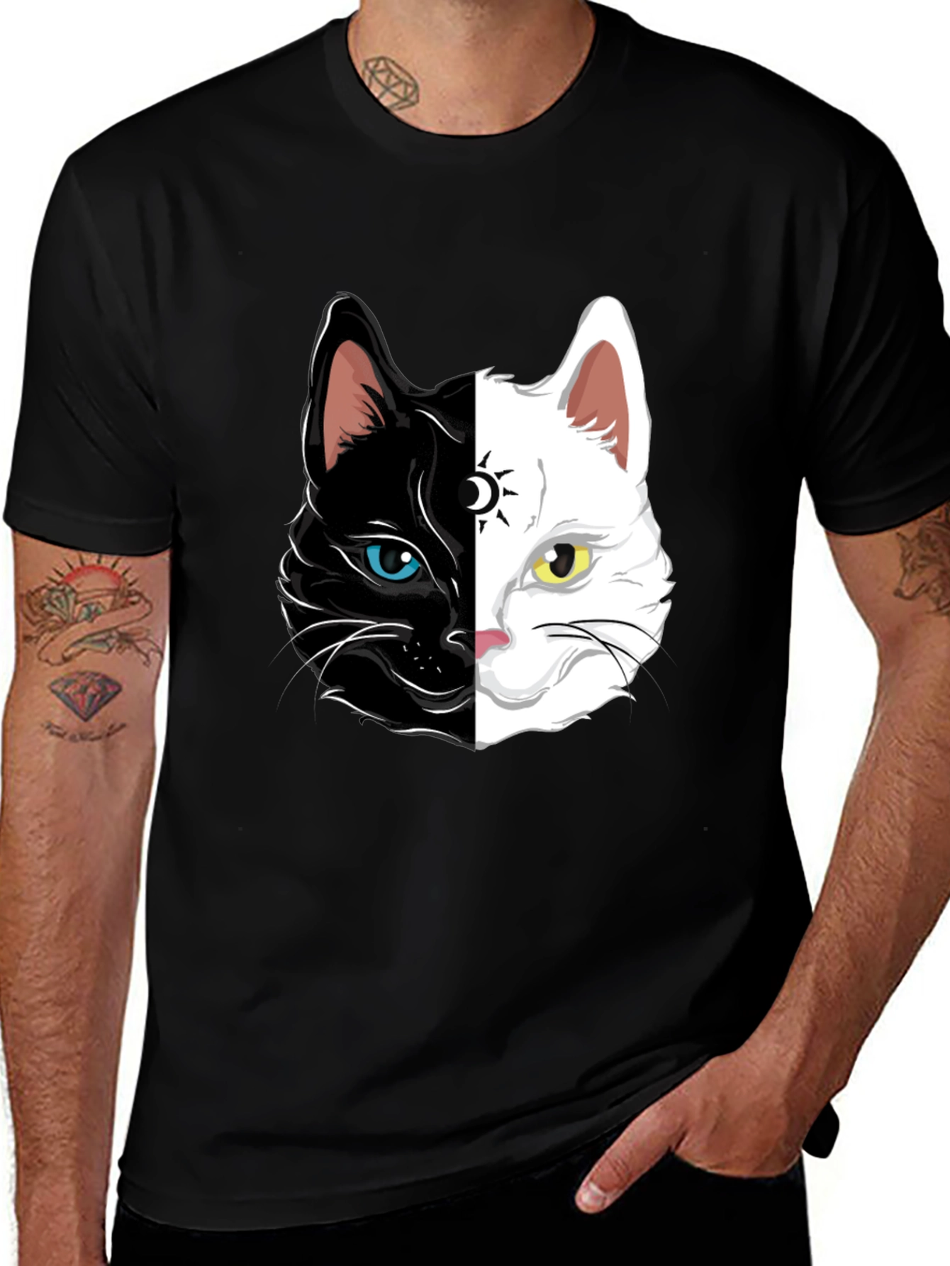 Variant 16 of Yin Yang Cat Graphic Tee - Black Cotton Shirt