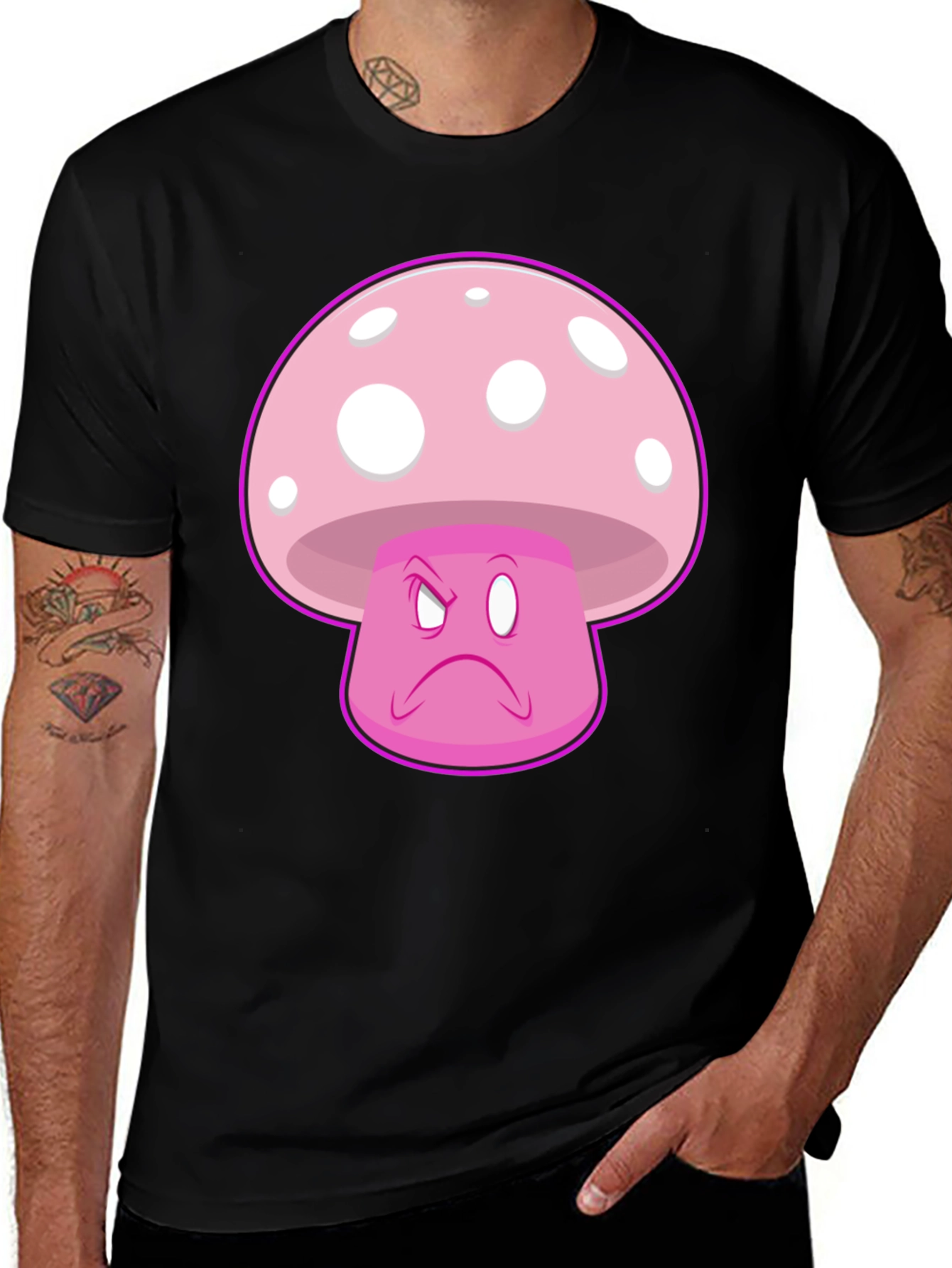 Variant 16 of Grumpy Mushroom Graphic Tee - Black Cotton T-Shirt
