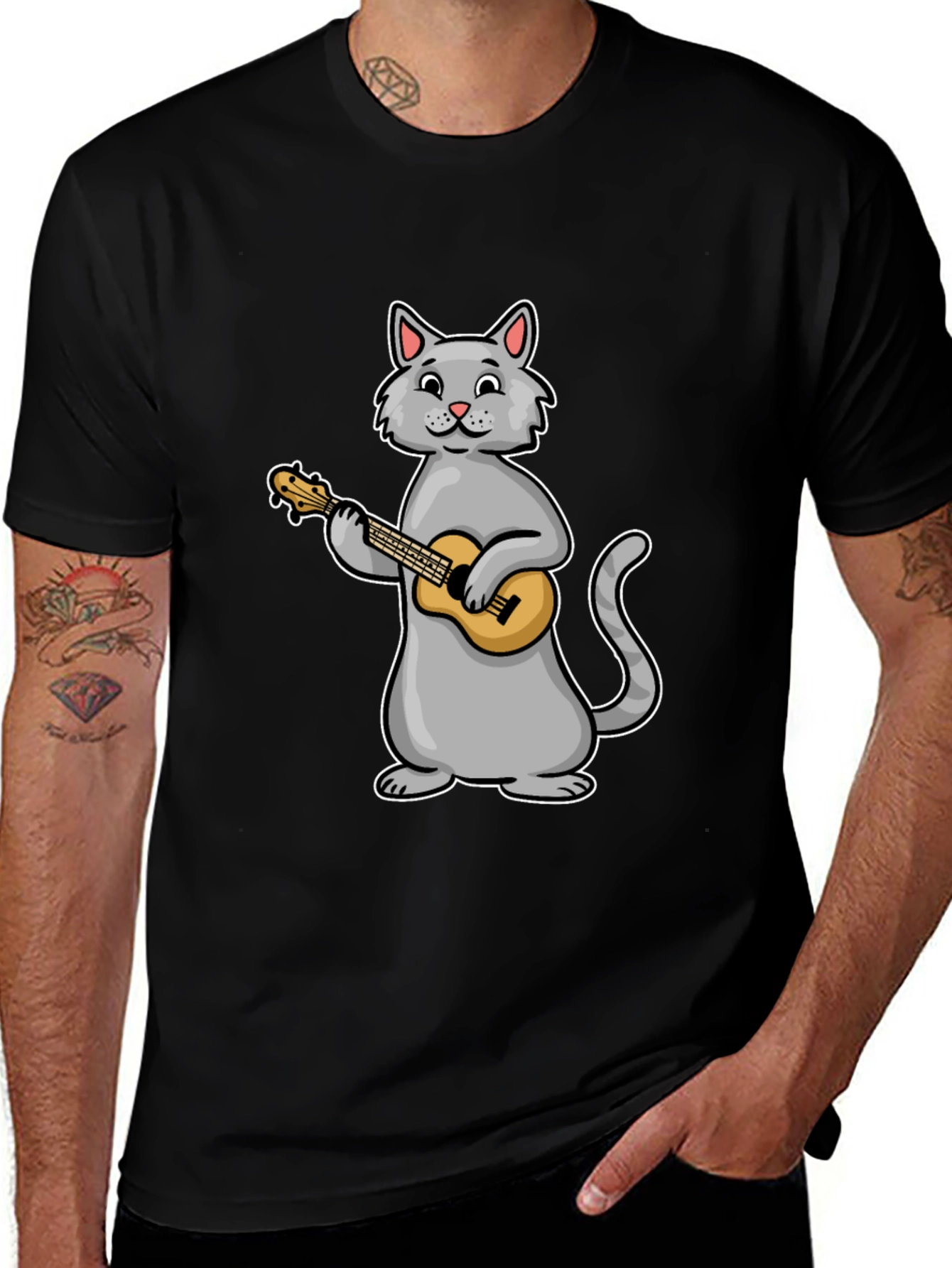 Variant 22 of Cat Playing Ukulele Graphic Tee - Black Cotton T-Shirt