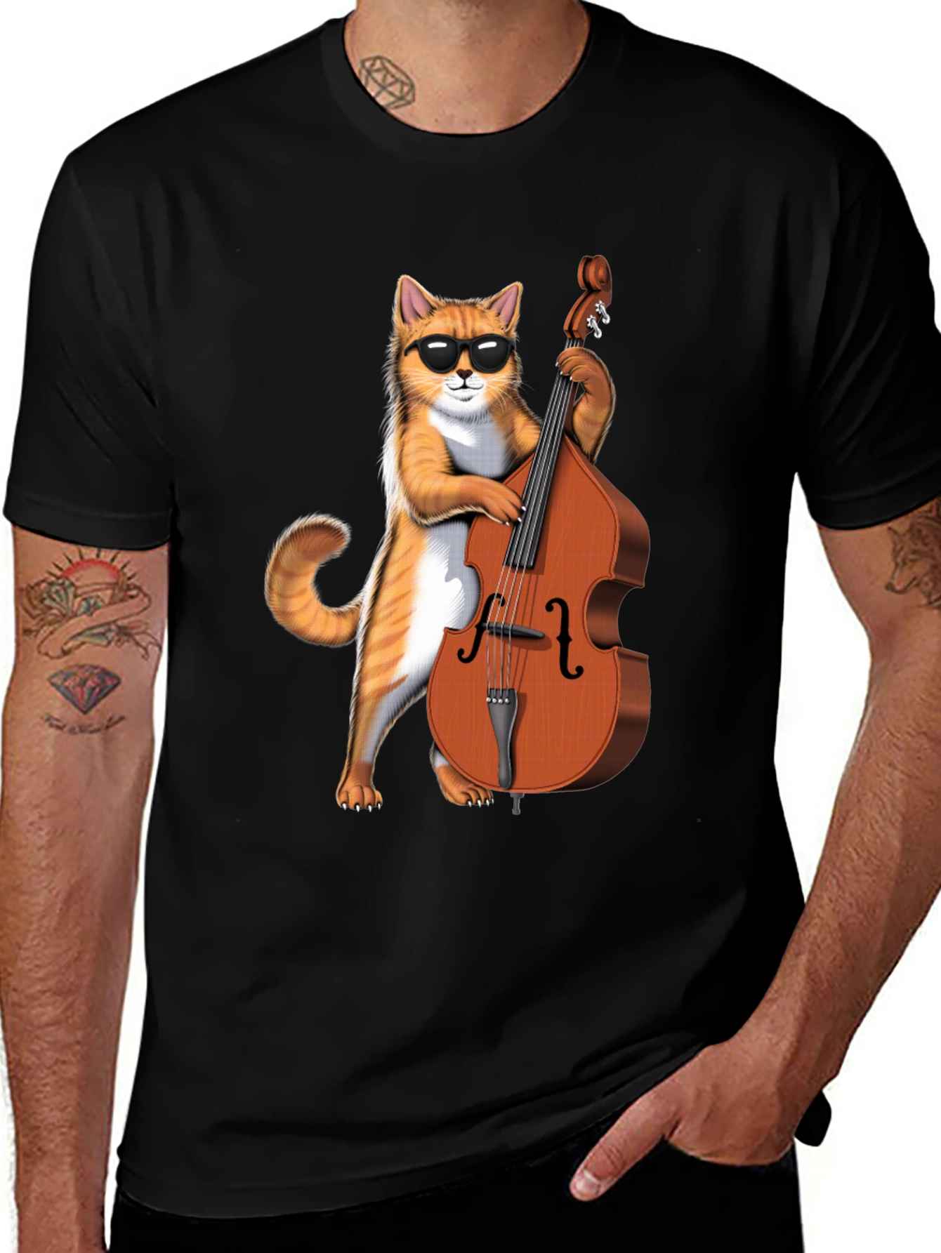 Variant 29 of Cool Cat Bass Player Graphic Tee - Black Cotton