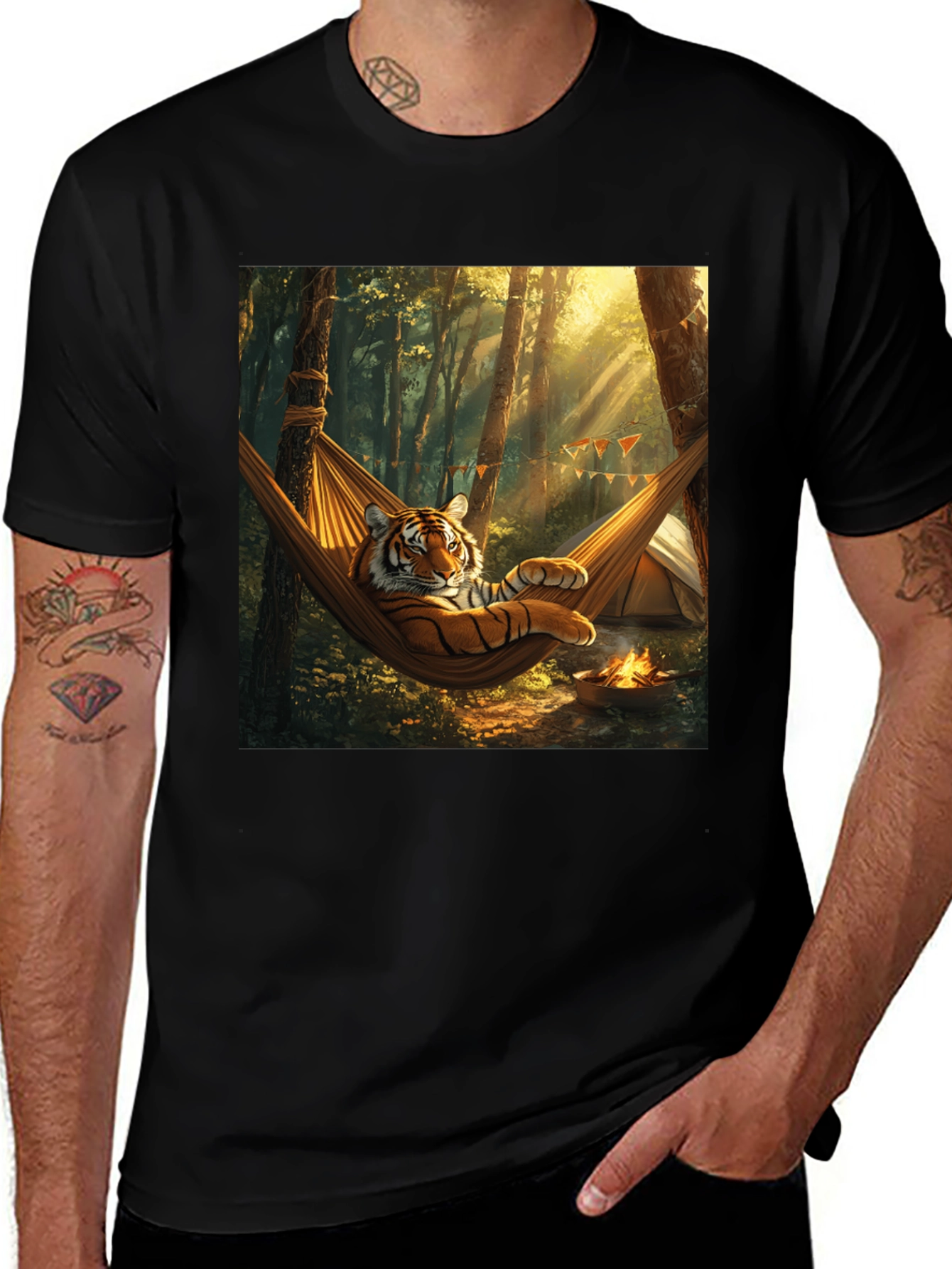 Variant 13 of Tiger Camping Hammock Black Graphic Tee
