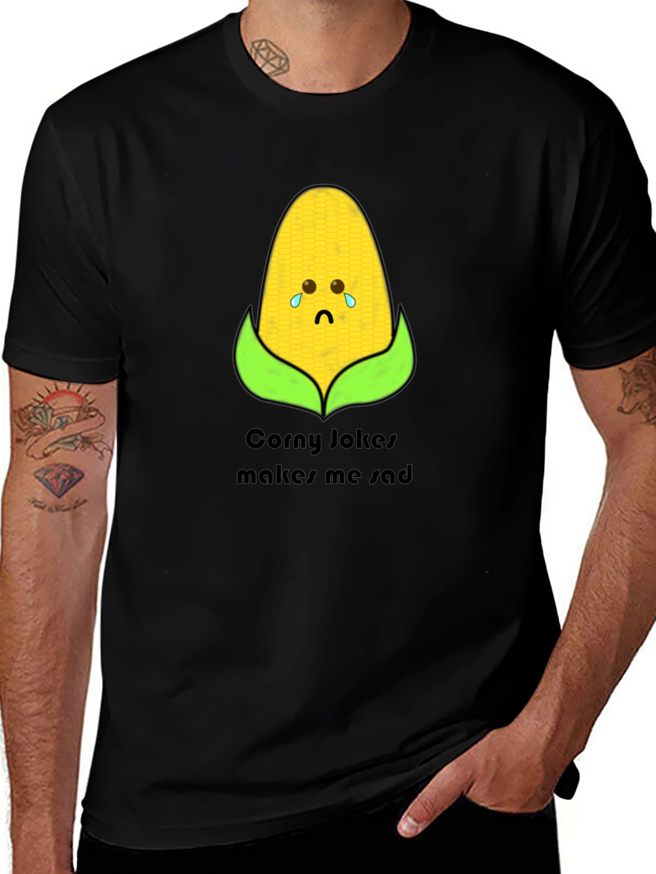 Variant 30 of Sad Corn Graphic Tee - "Corny Jokes Make Me Sad" Black T-Shirt