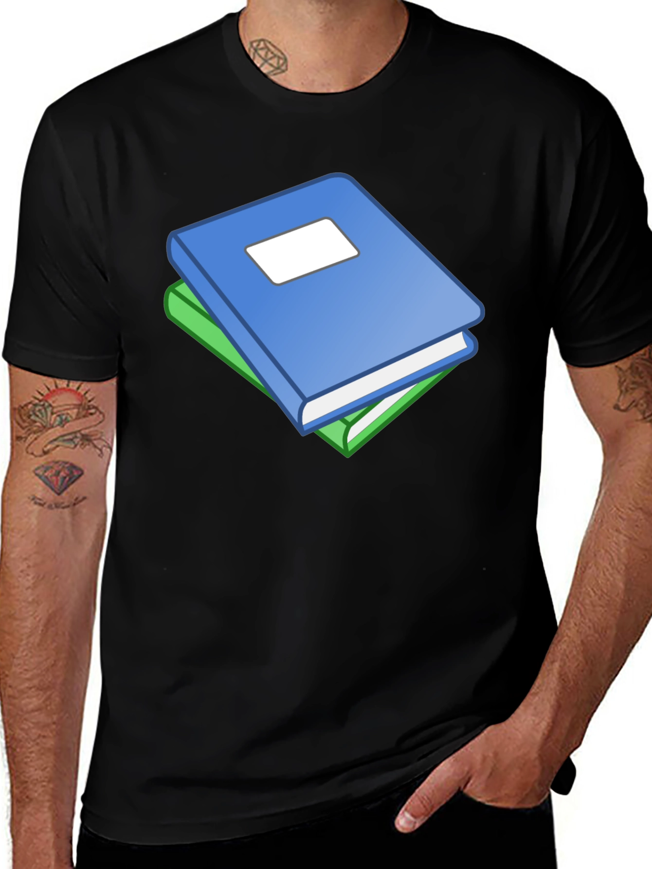 Variant 11 of Book Stack Graphic T-Shirt - Black Cotton Tee