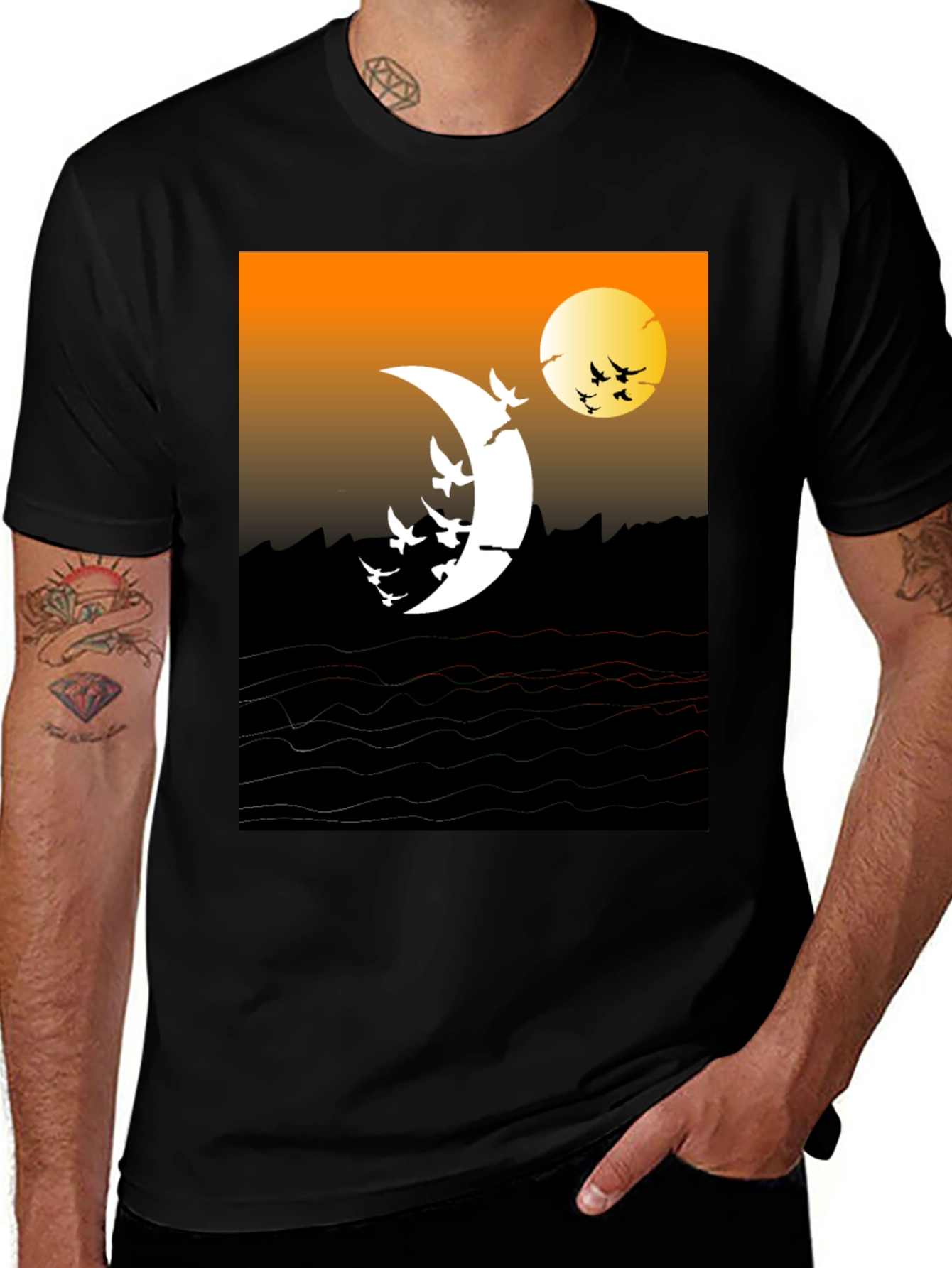 Variant 14 of Moonlit Birds Graphic Tee - Black Cotton T-Shirt
