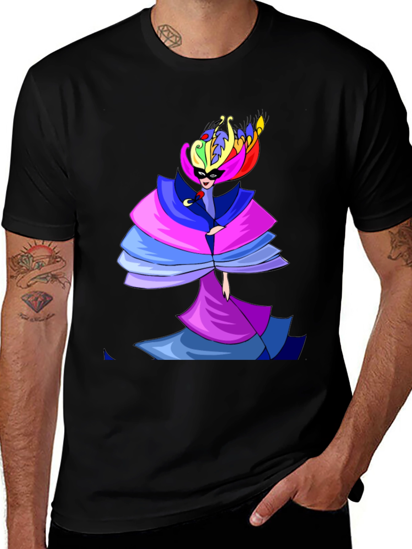 Variant 11 of Men's Black T-Shirt w/ Colorful Carnival Costume Design