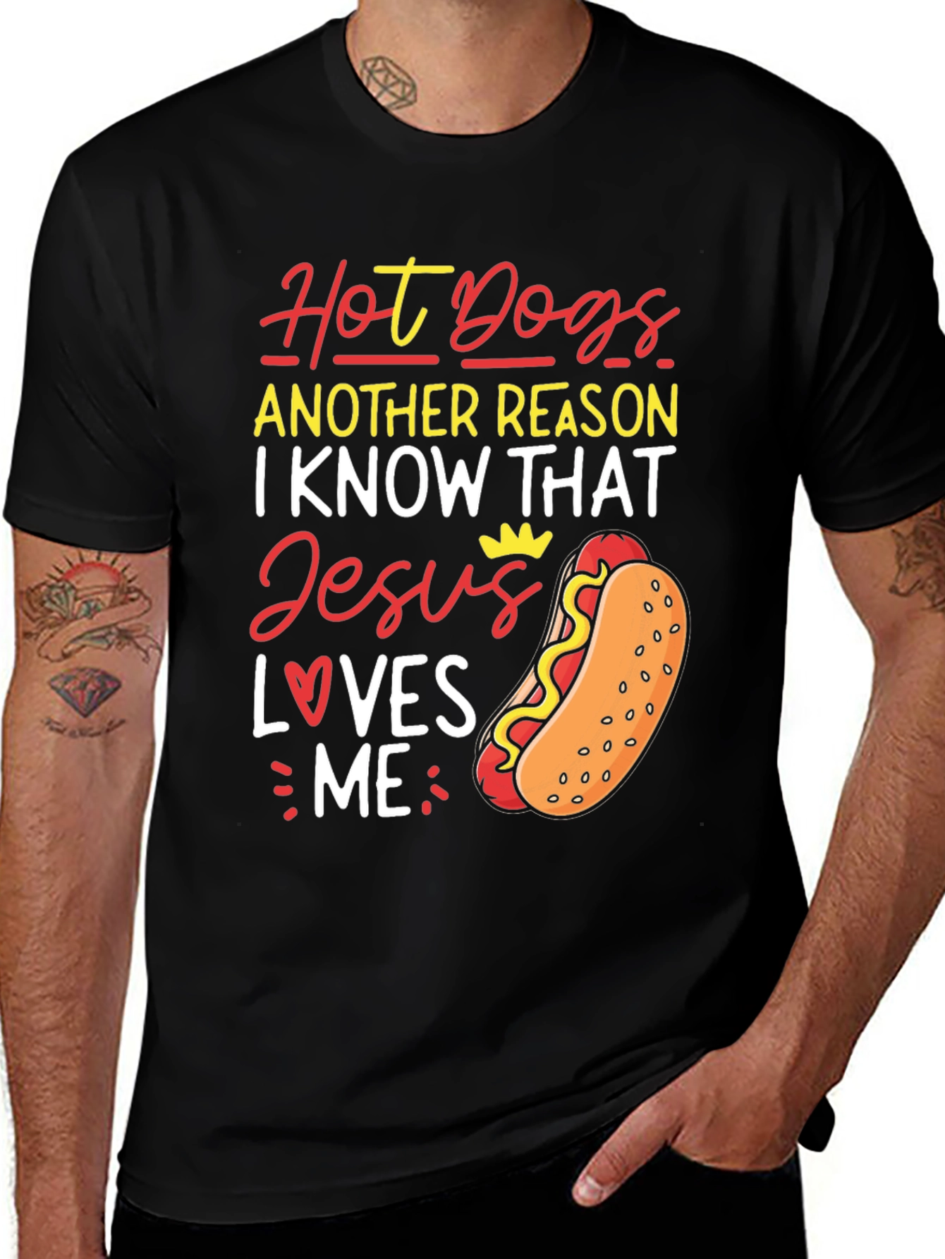 Variant 15 of Hot Dogs Jesus Loves Me Black Graphic T-Shirt