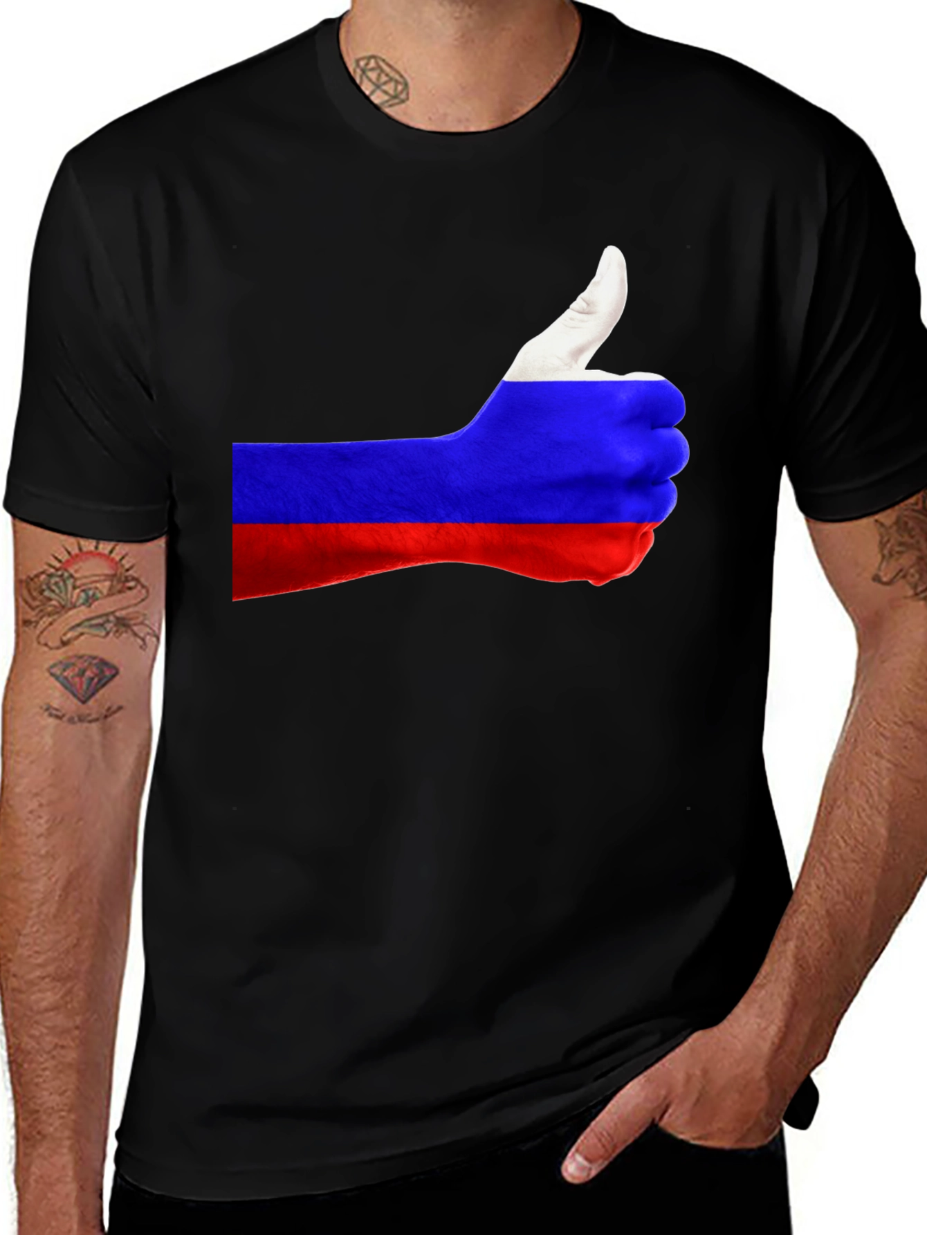 Variant 23 of Russian Flag Thumbs Up Graphic Black T-Shirt