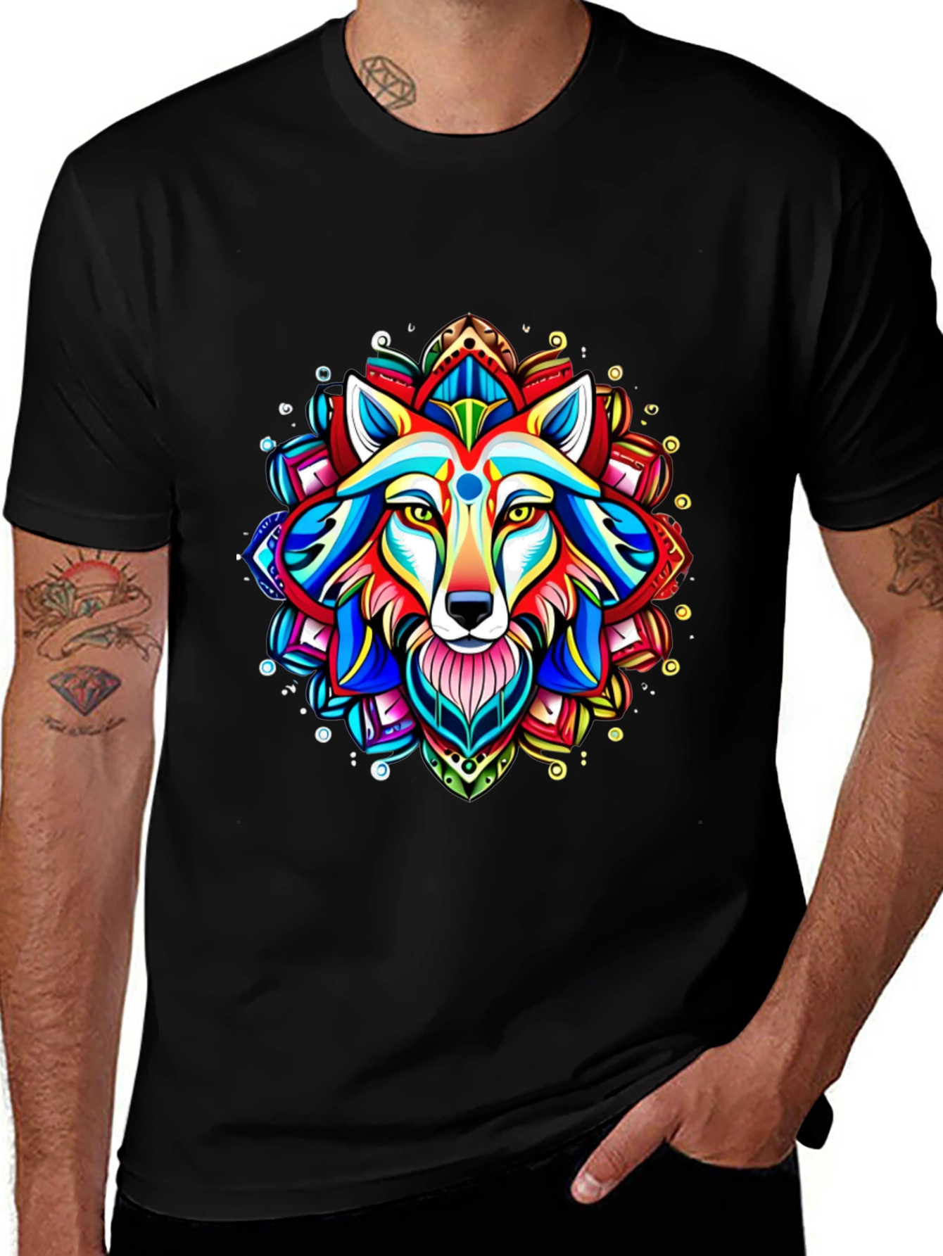 Variant 26 of Vibrant Wolf Mandala Graphic Tee - Black Cotton T-Shirt