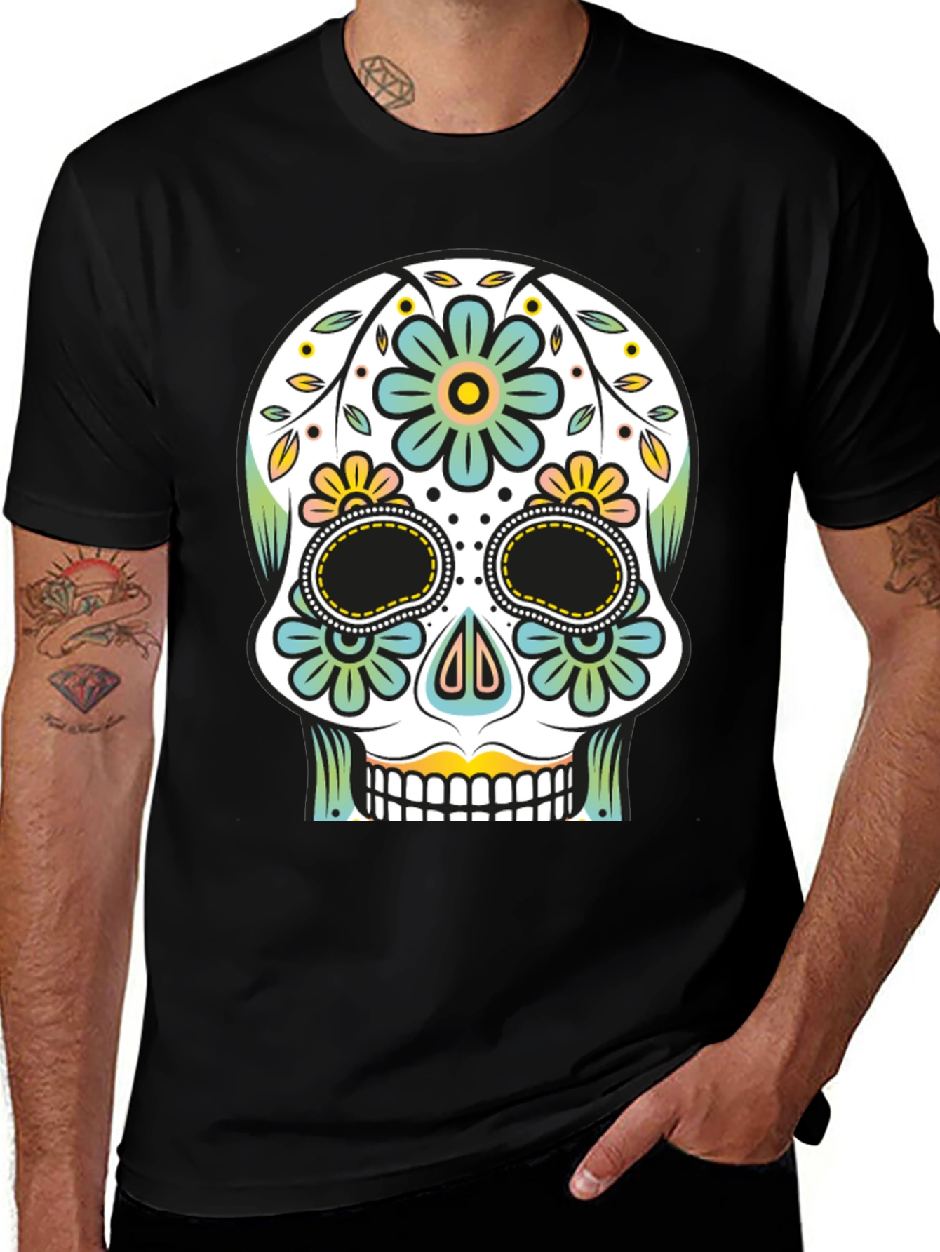 Variant 26 of Floral Sugar Skull Graphic Tee - Day of the Dead T-Shirt