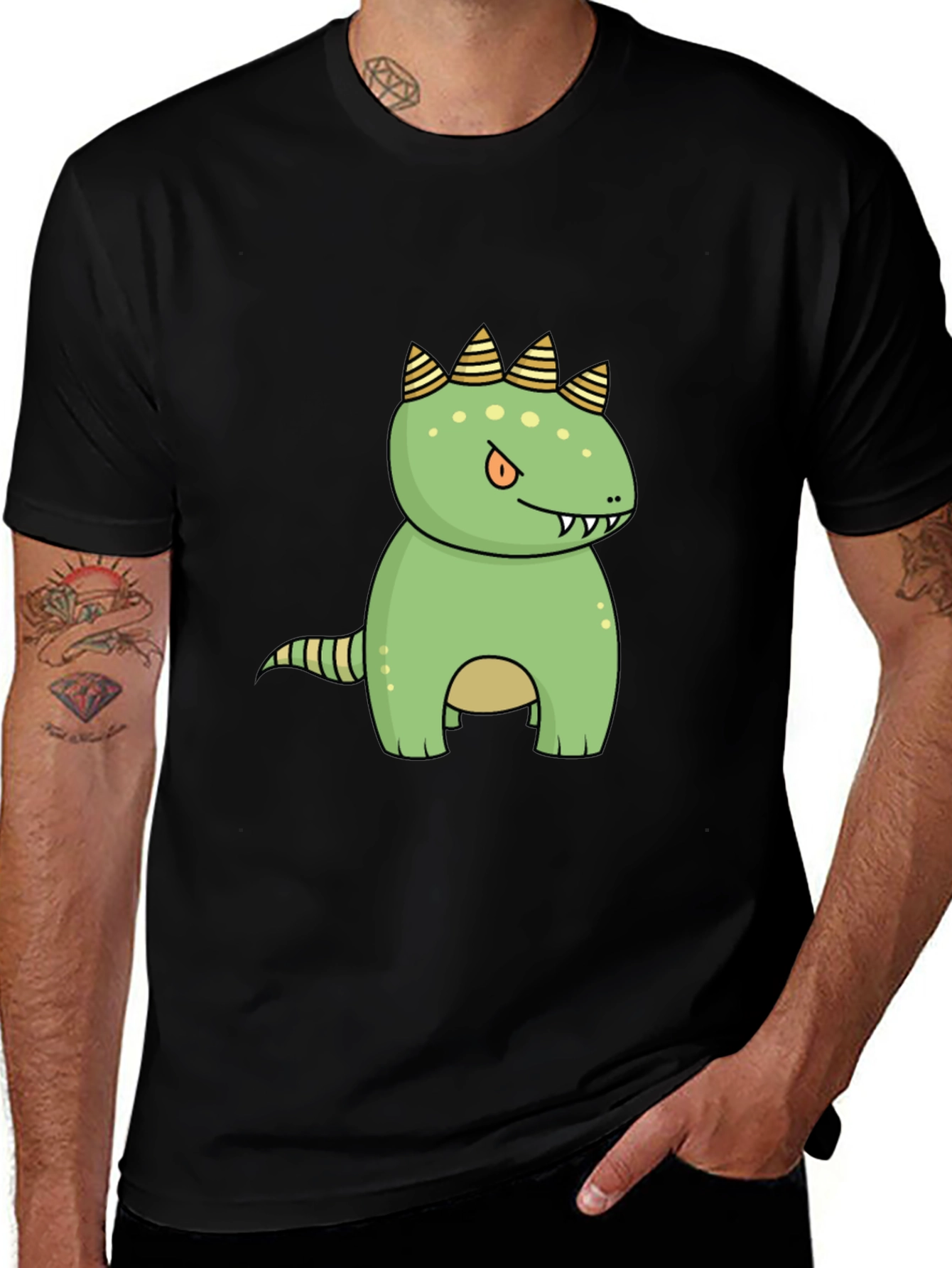 Cartoon Dinosaur Graphic Tee - Black