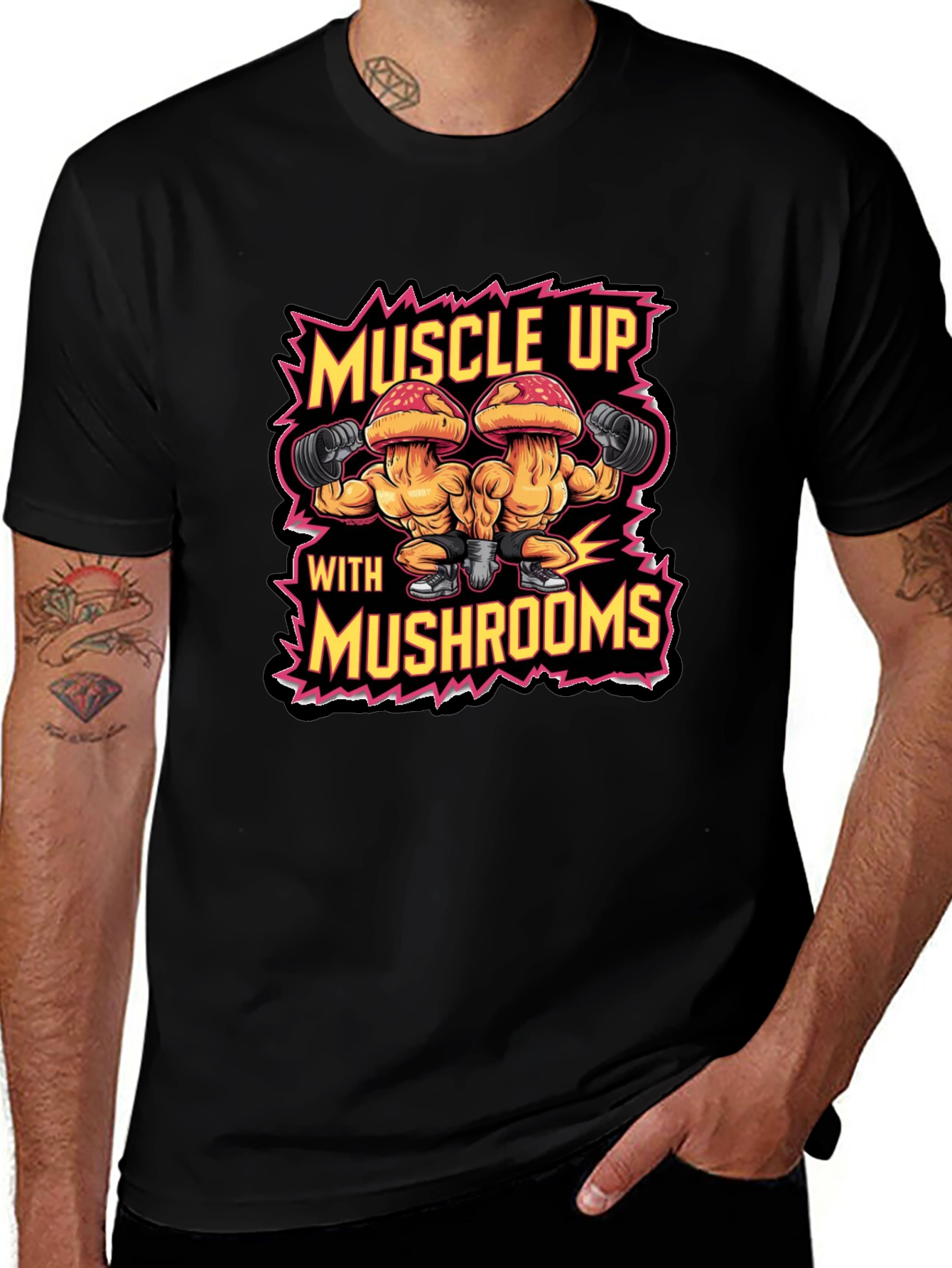 Variant 10 of Muscle Up with Mushrooms Black T-Shirt Gym Workout