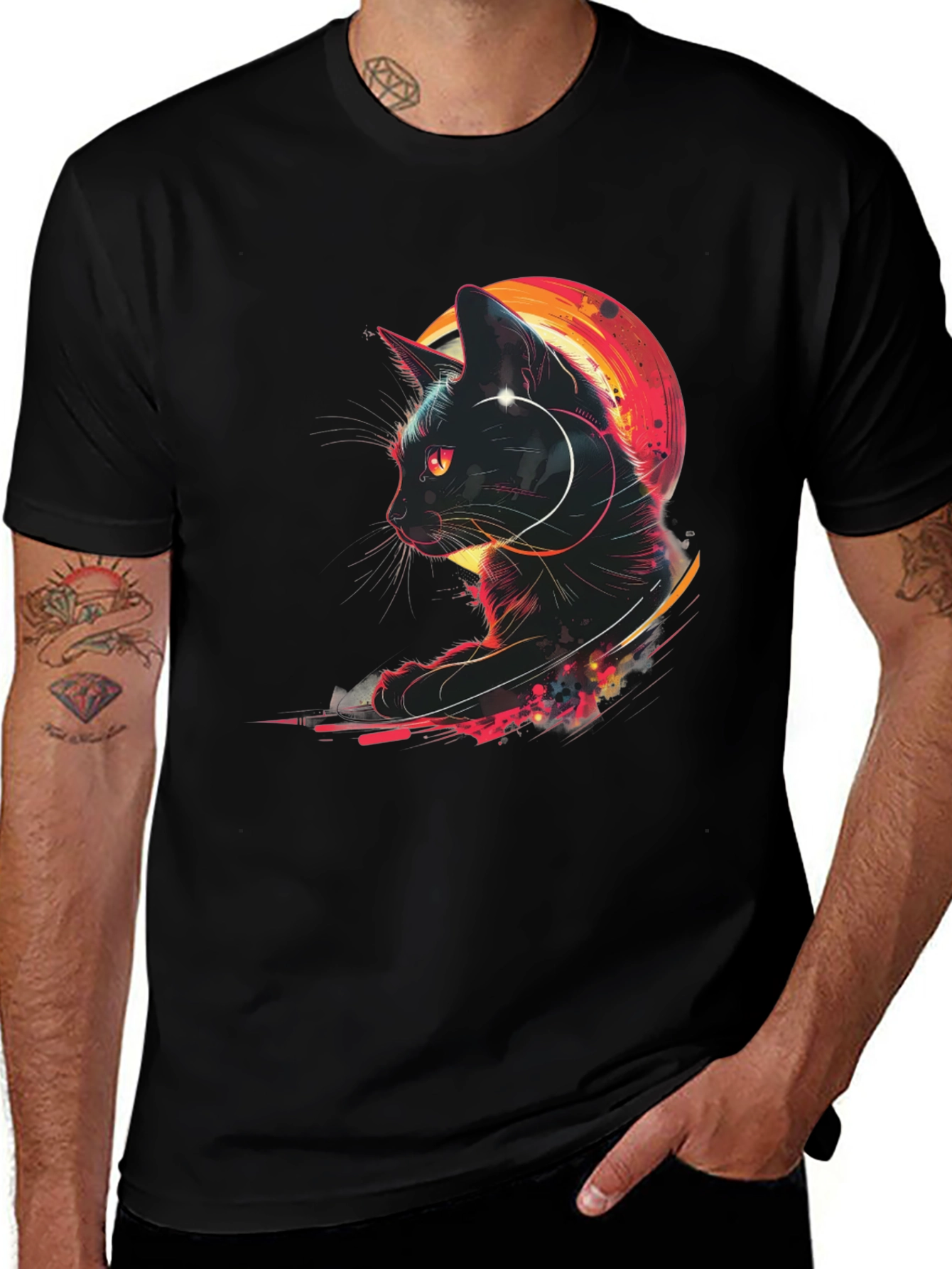Variant 11 of Neon Cat Graphic Black T-Shirt