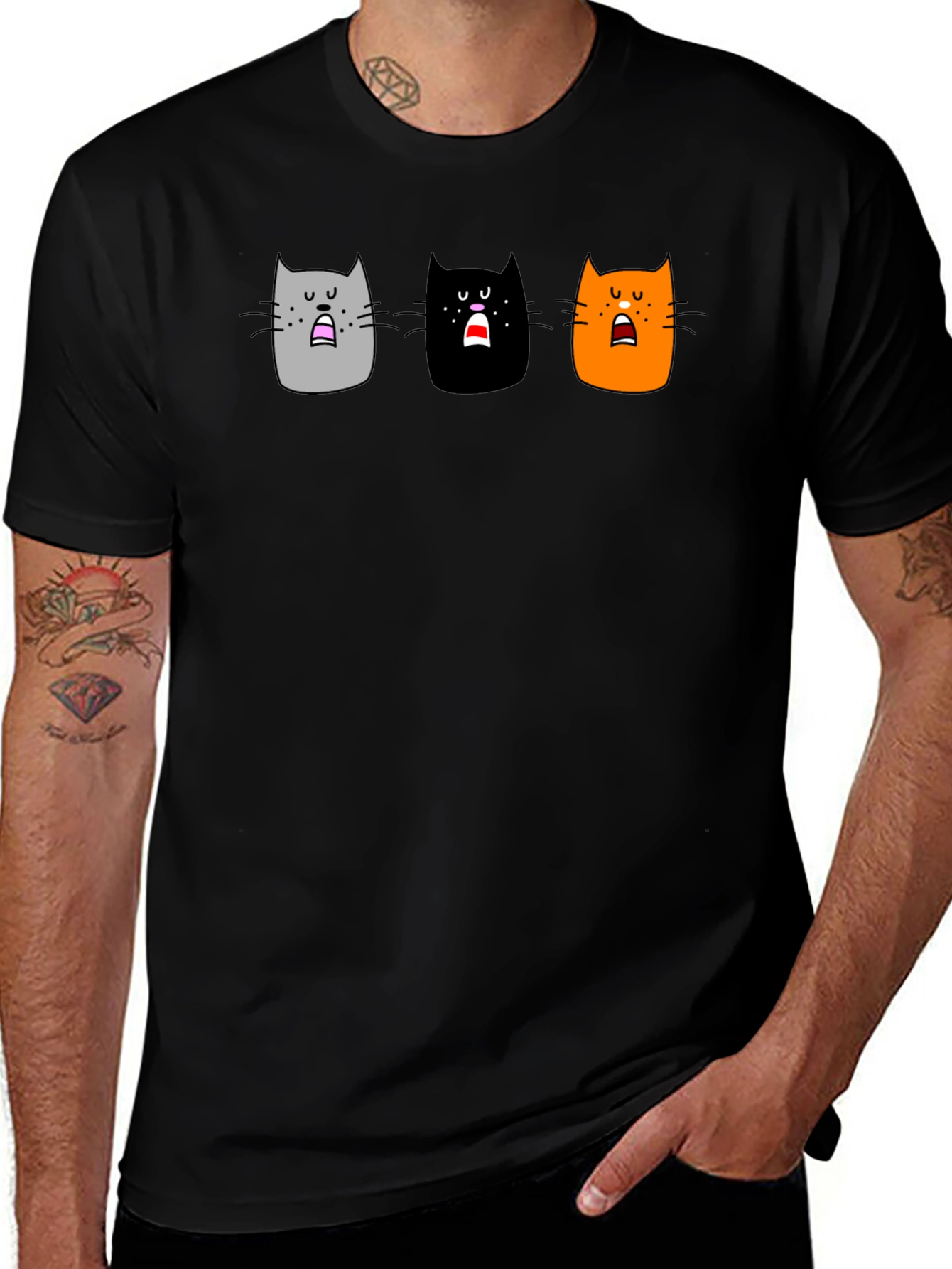 Variant 17 of Men's Black T-Shirt with Three Cat Designs