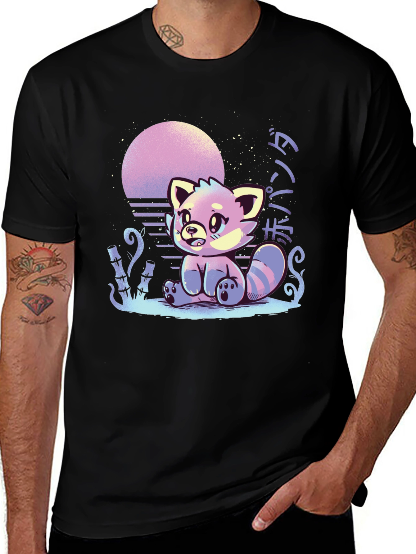 Variant 29 of Red Panda Sunset Graphic Tee - Black Cotton T-Shirt