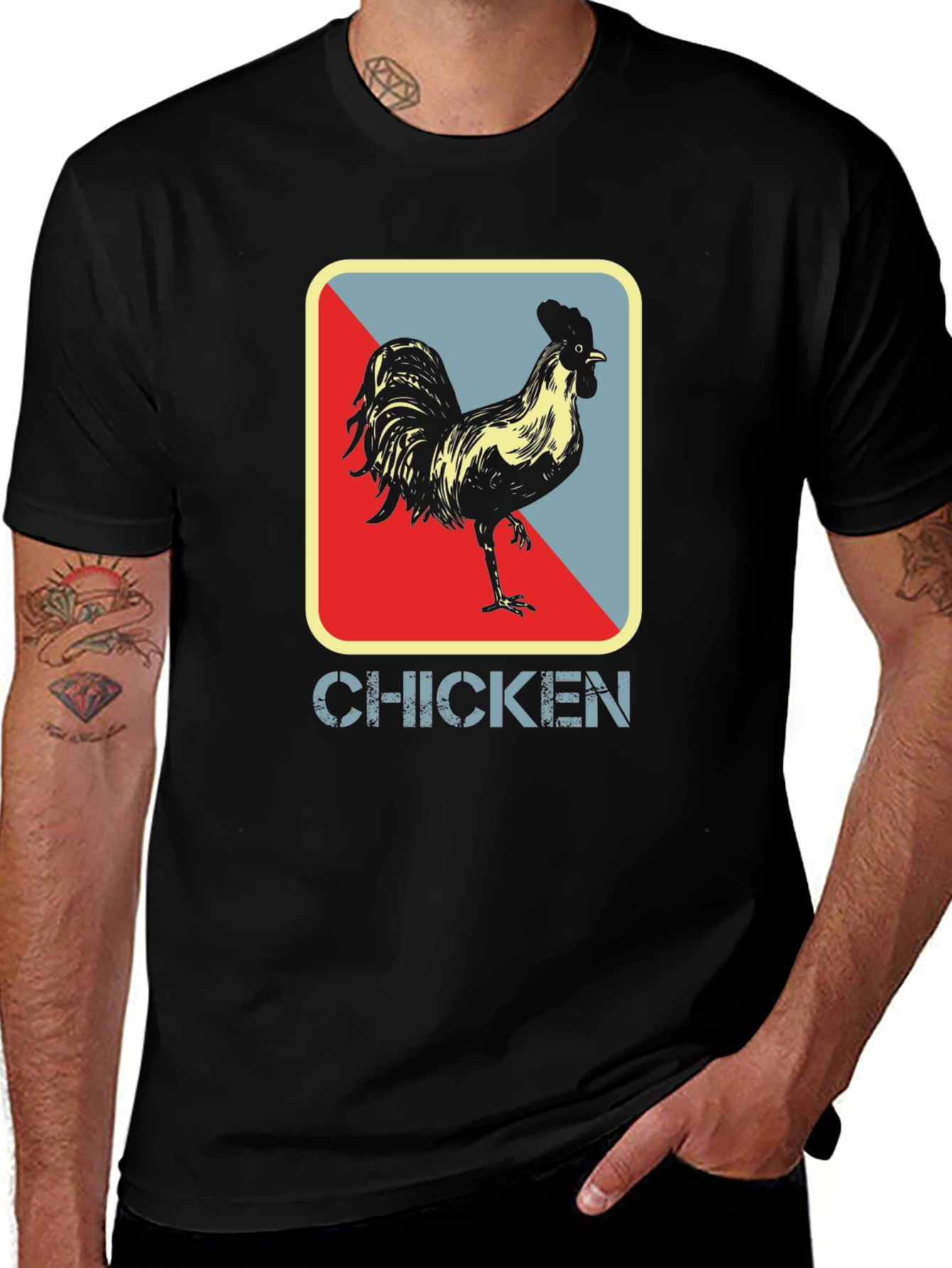 Retro Chicken Graphic Tee - Black Cotton T-Shirt