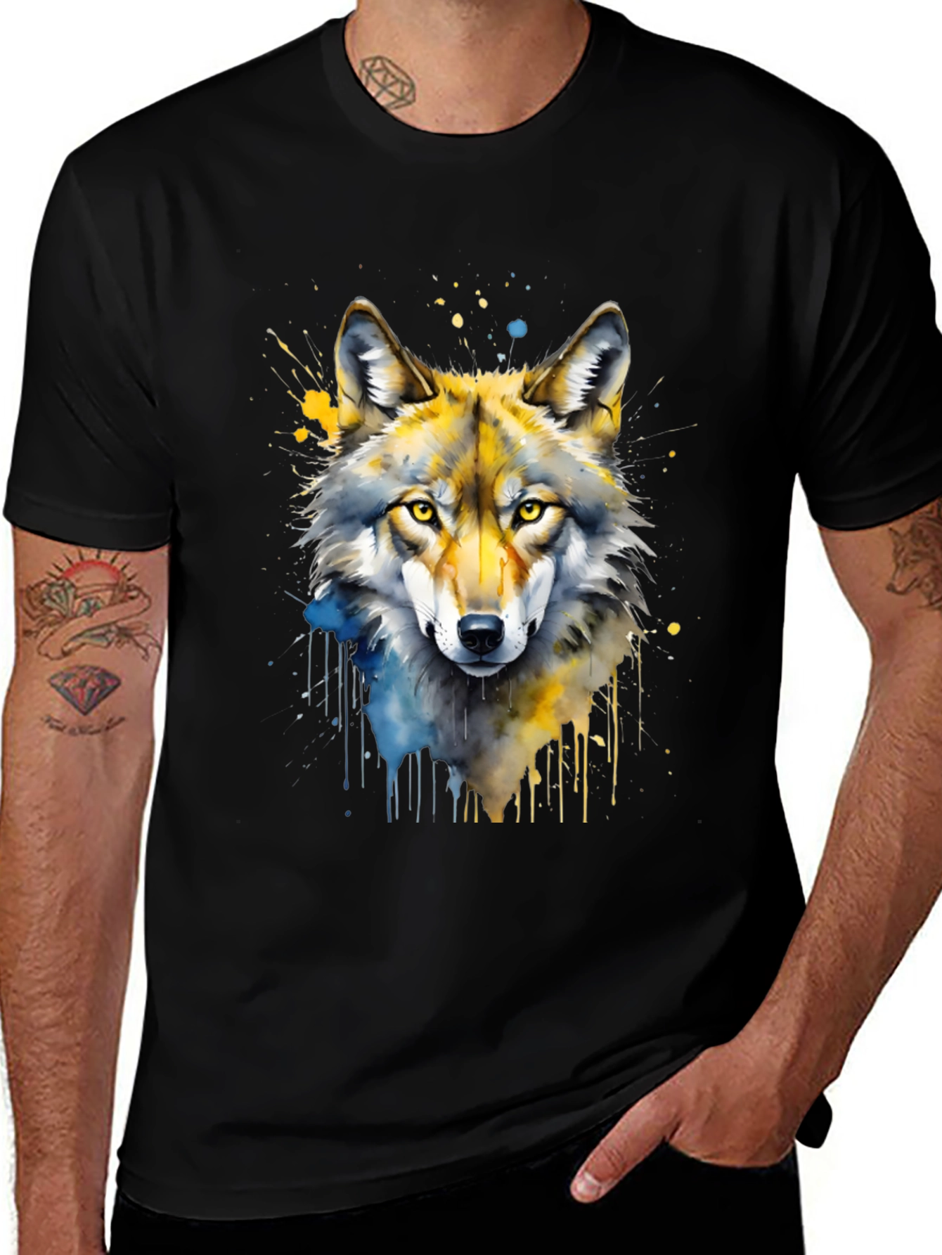 Variant 4 of Watercolor Wolf Graphic Print Black T-Shirt