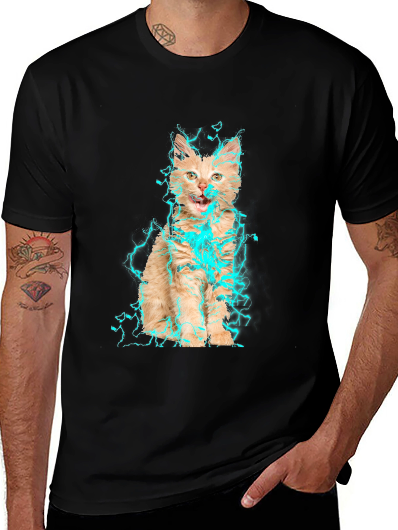 Variant 30 of Electric Cat Graphic T-Shirt - Black Cotton Tee