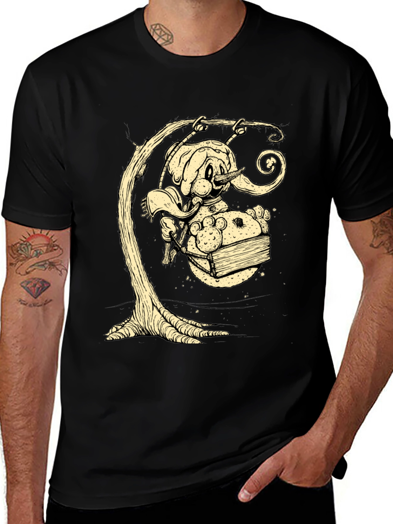 Variant 10 of Whimsical Elephant on Swing Graphic Tee - Black Cotton Shirt