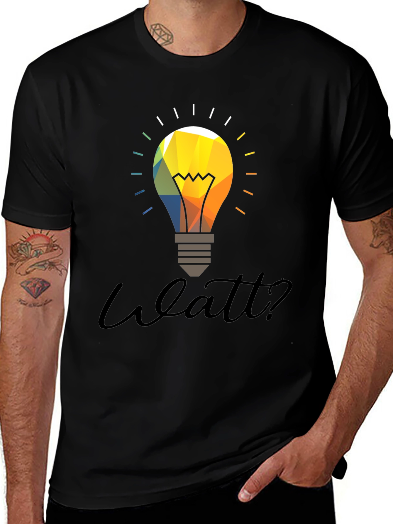 Variant 18 of Watt? Light Bulb Graphic T-Shirt - Black Cotton Tee