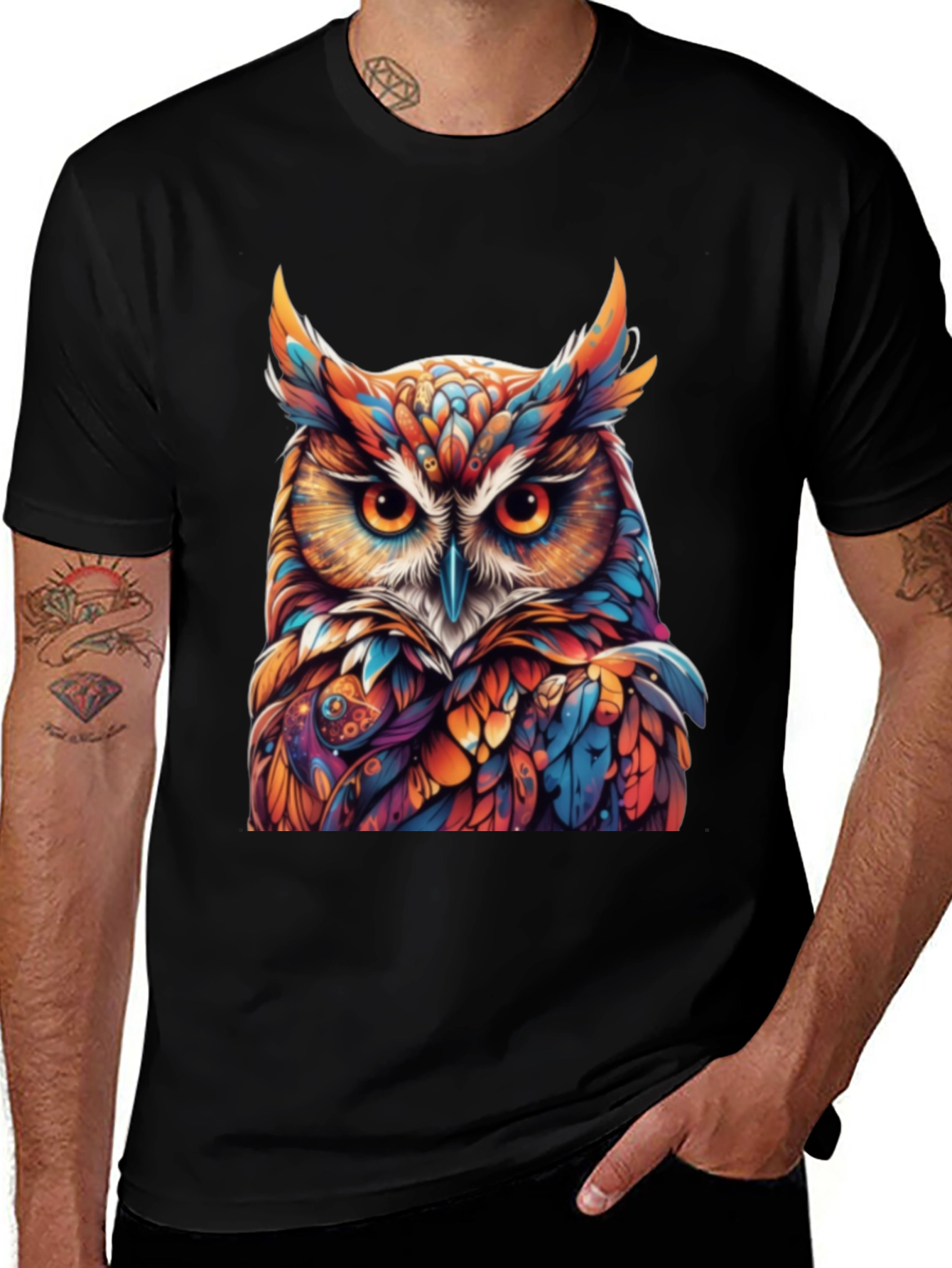 Variant 28 of Colorful Owl Graphic Print Black T-Shirt