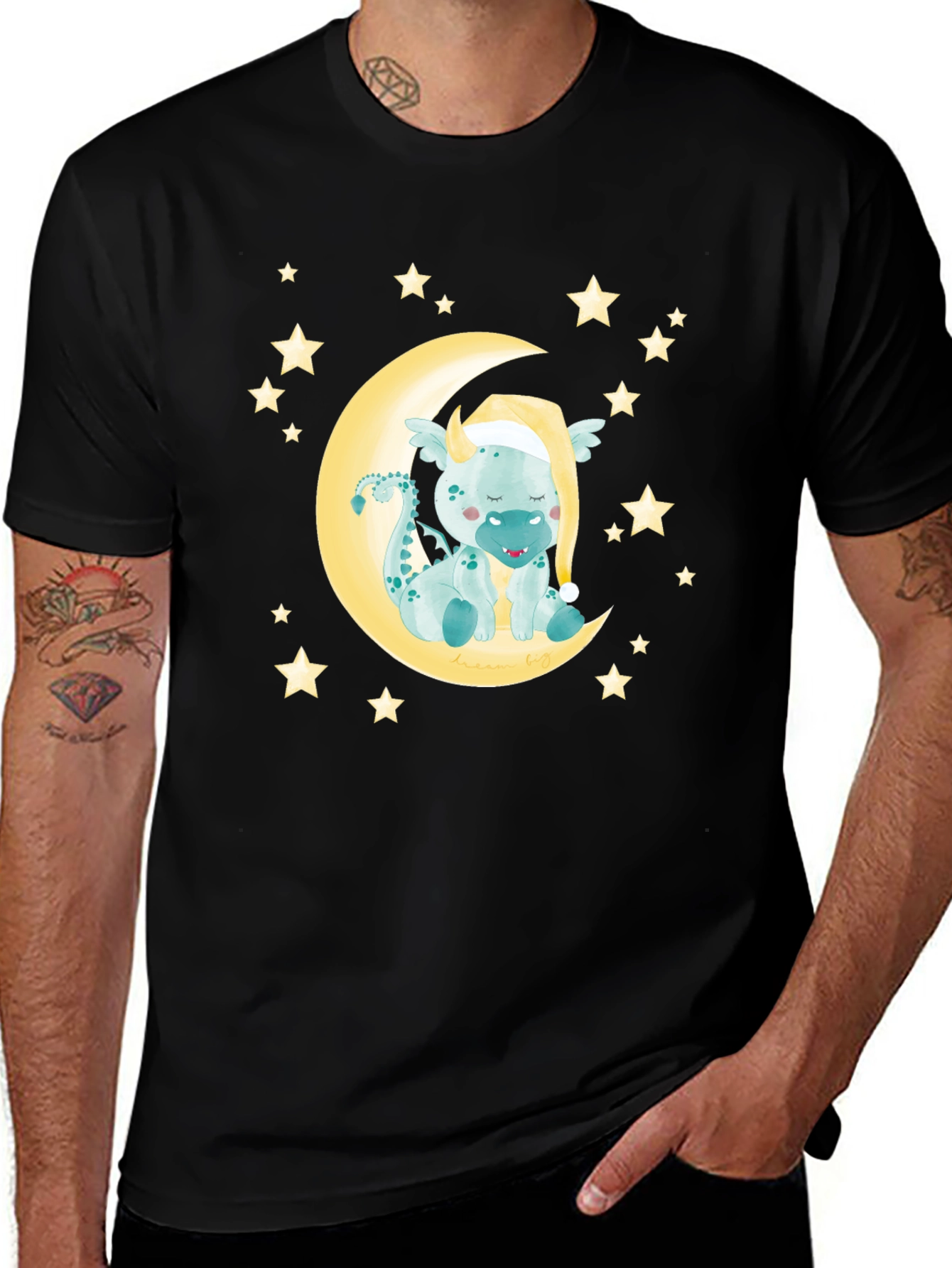 Variant 27 of Cute Dragon on Moon Graphic Tee - Black
