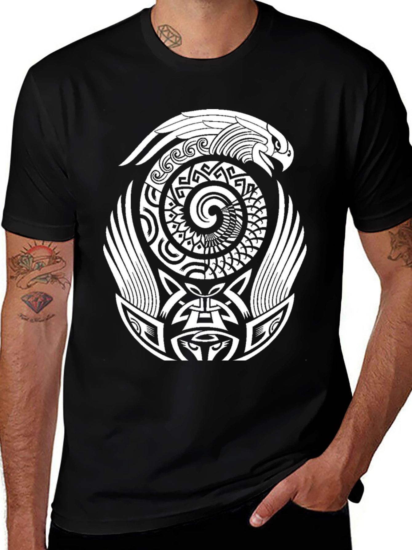 Variant 21 of Aztec Eagle Spiral Design Black T-Shirt