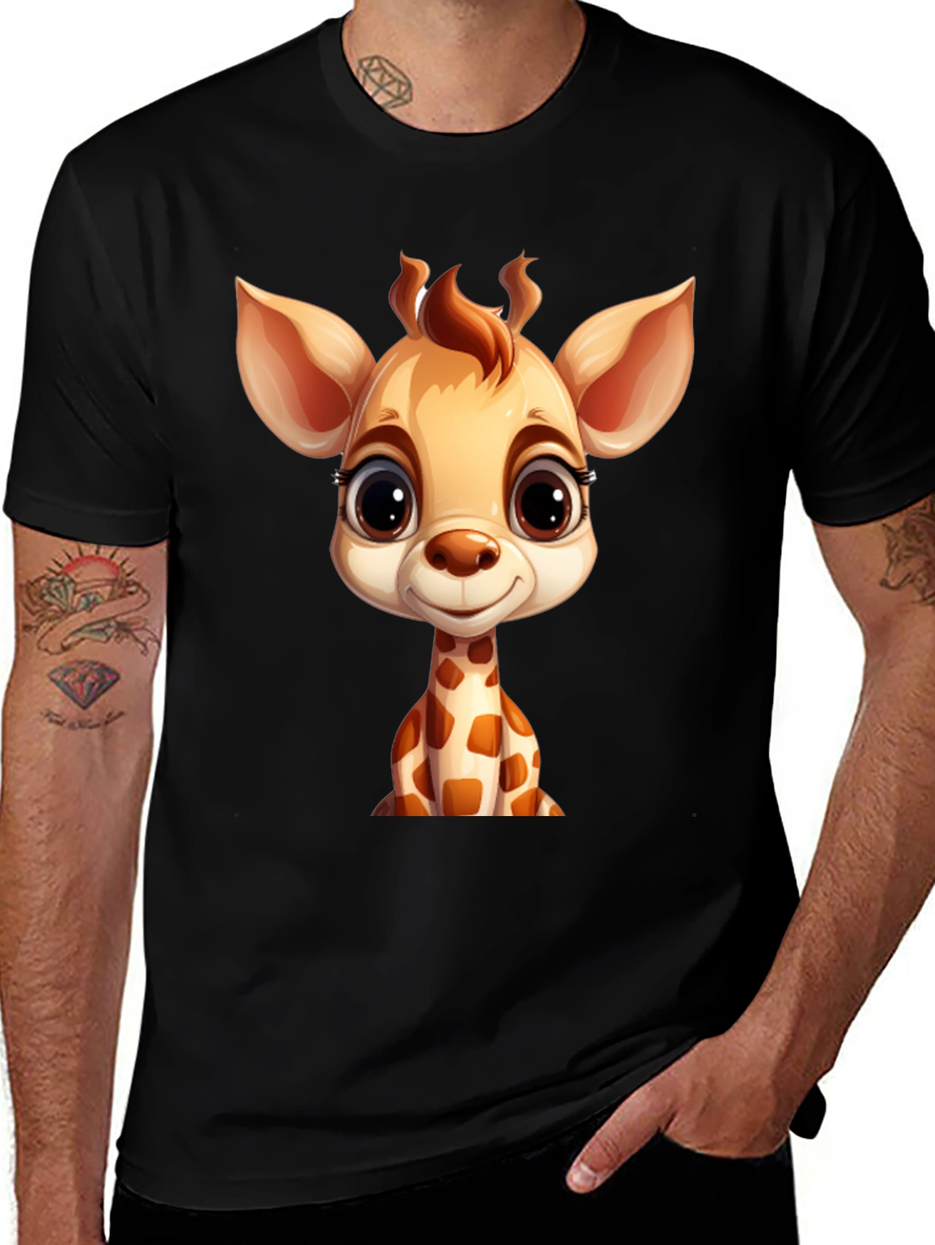 Variant 3 of Cute Giraffe Cartoon Black T-Shirt