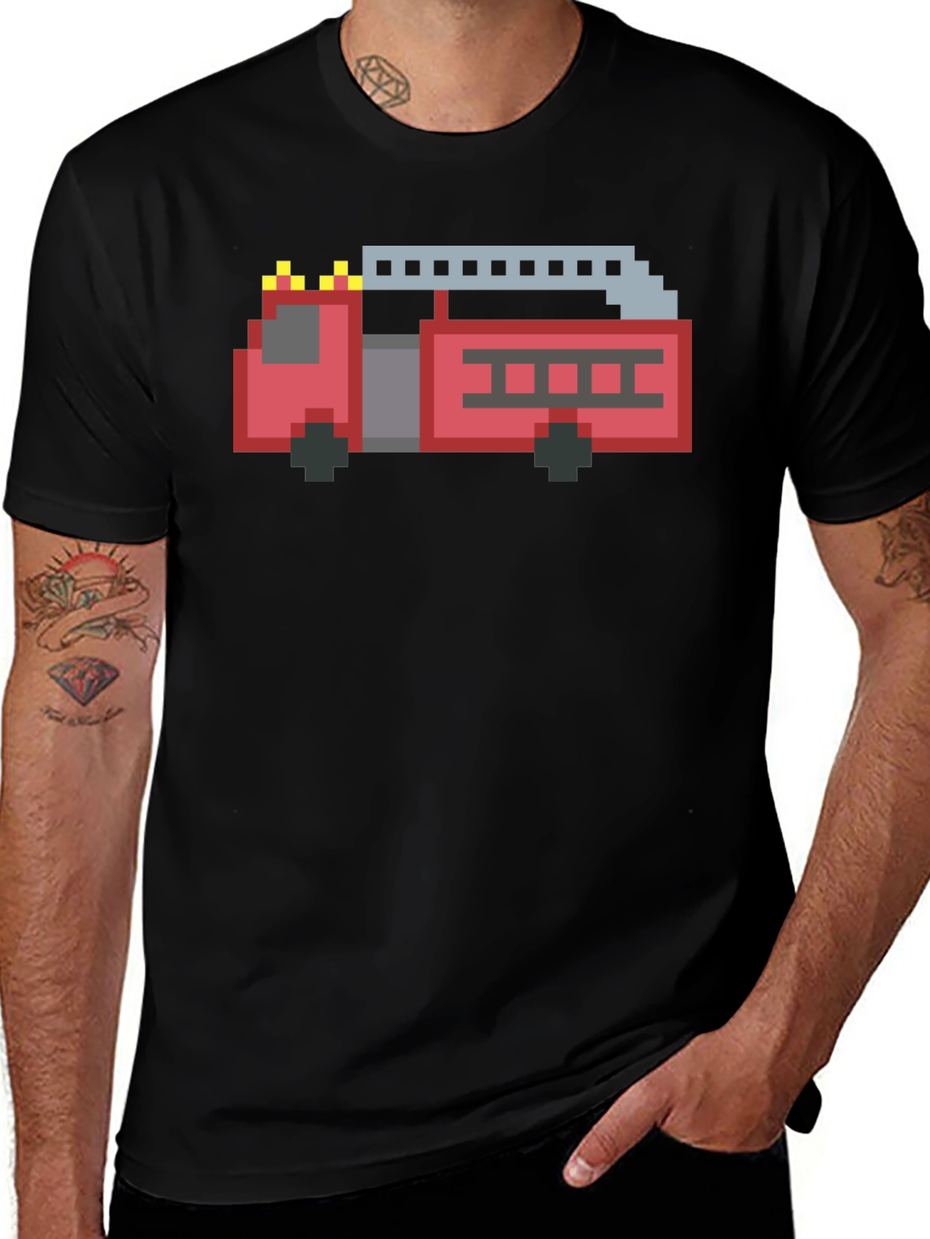Variant 23 of Pixel Fire Truck Graphic Tee - Black Cotton T-Shirt