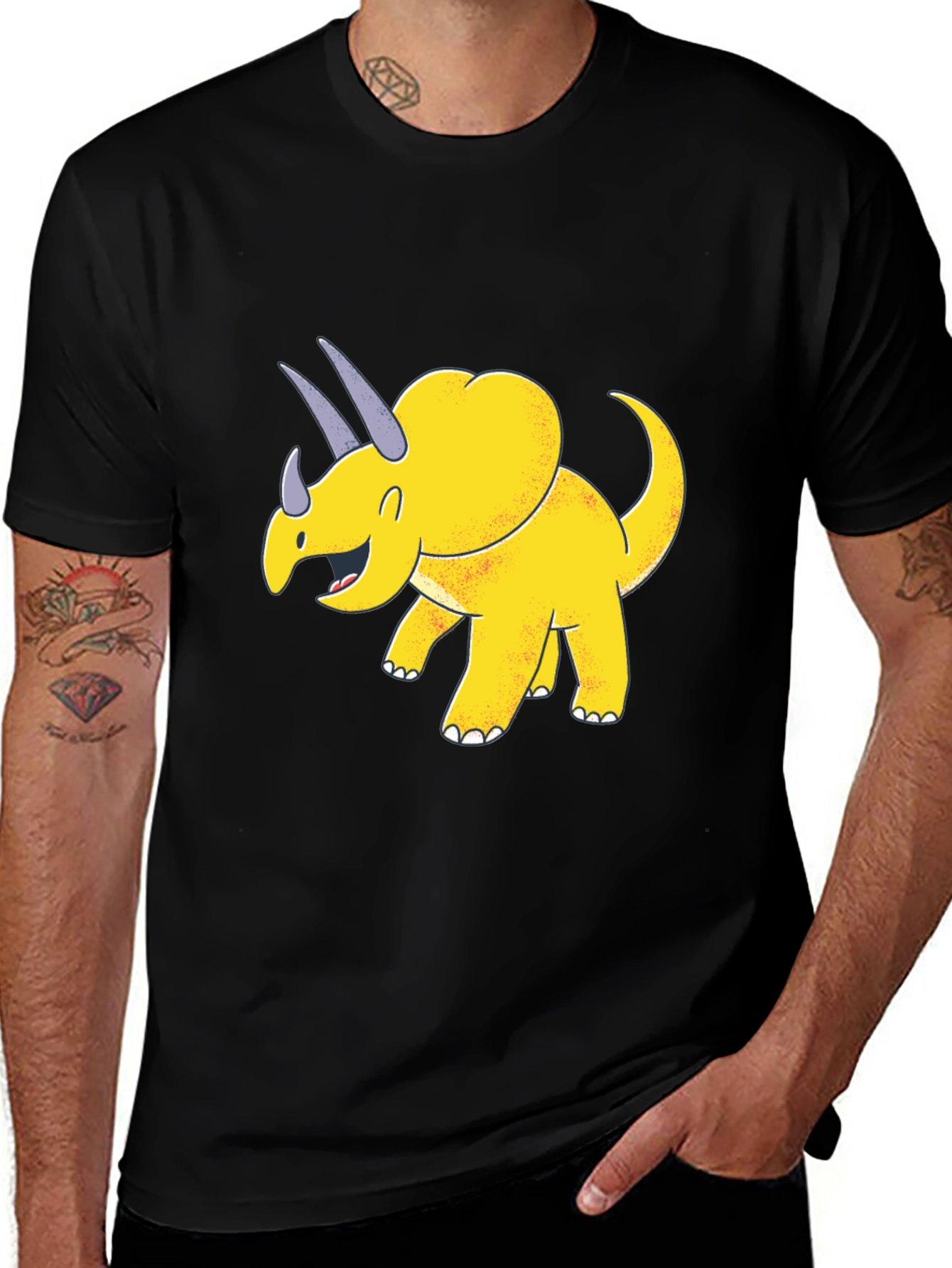 Variant 28 of Cartoon Triceratops Graphic Black T-Shirt
