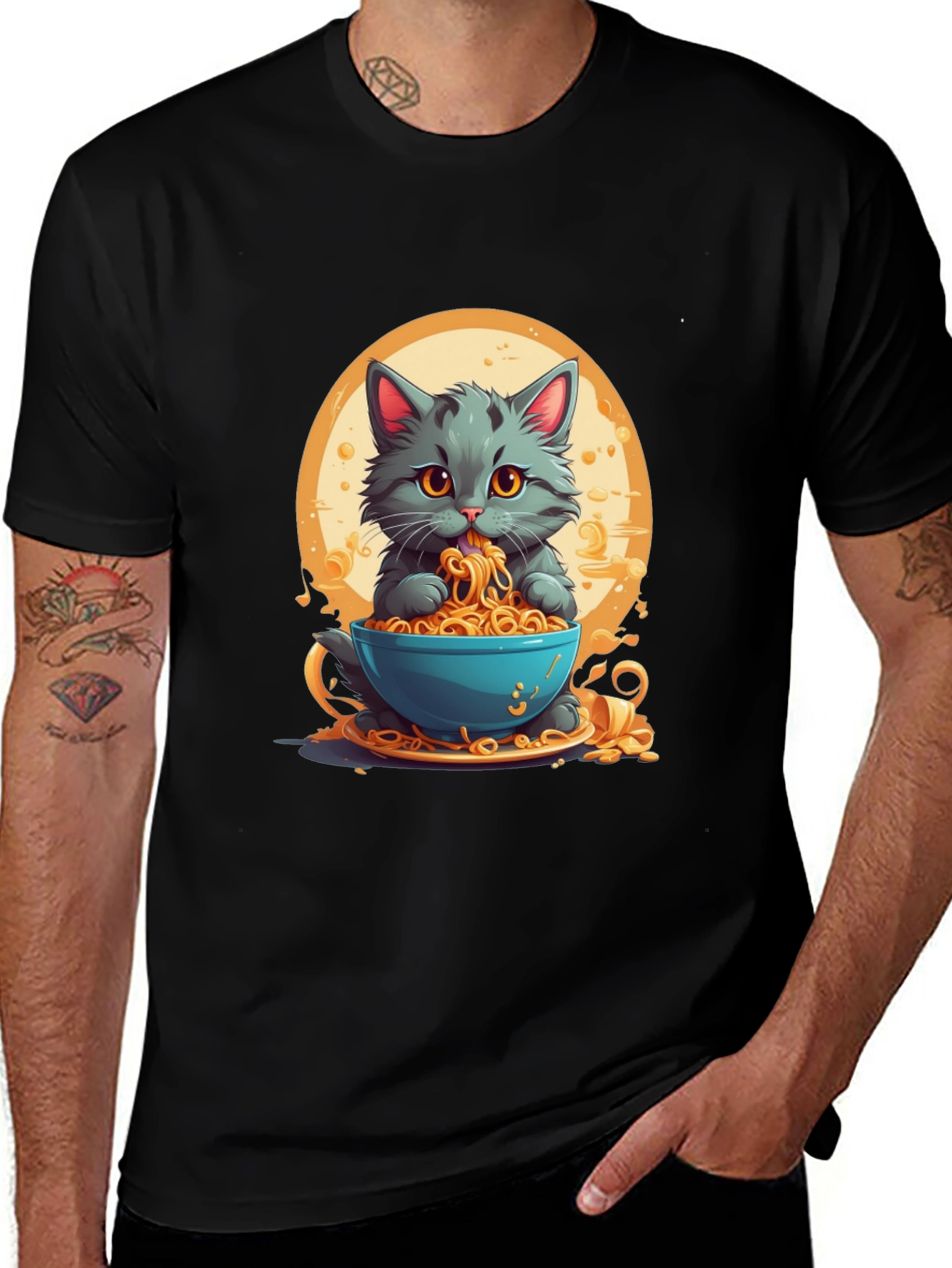 Black Cat Eating Noodles Graphic T-Shirt main image