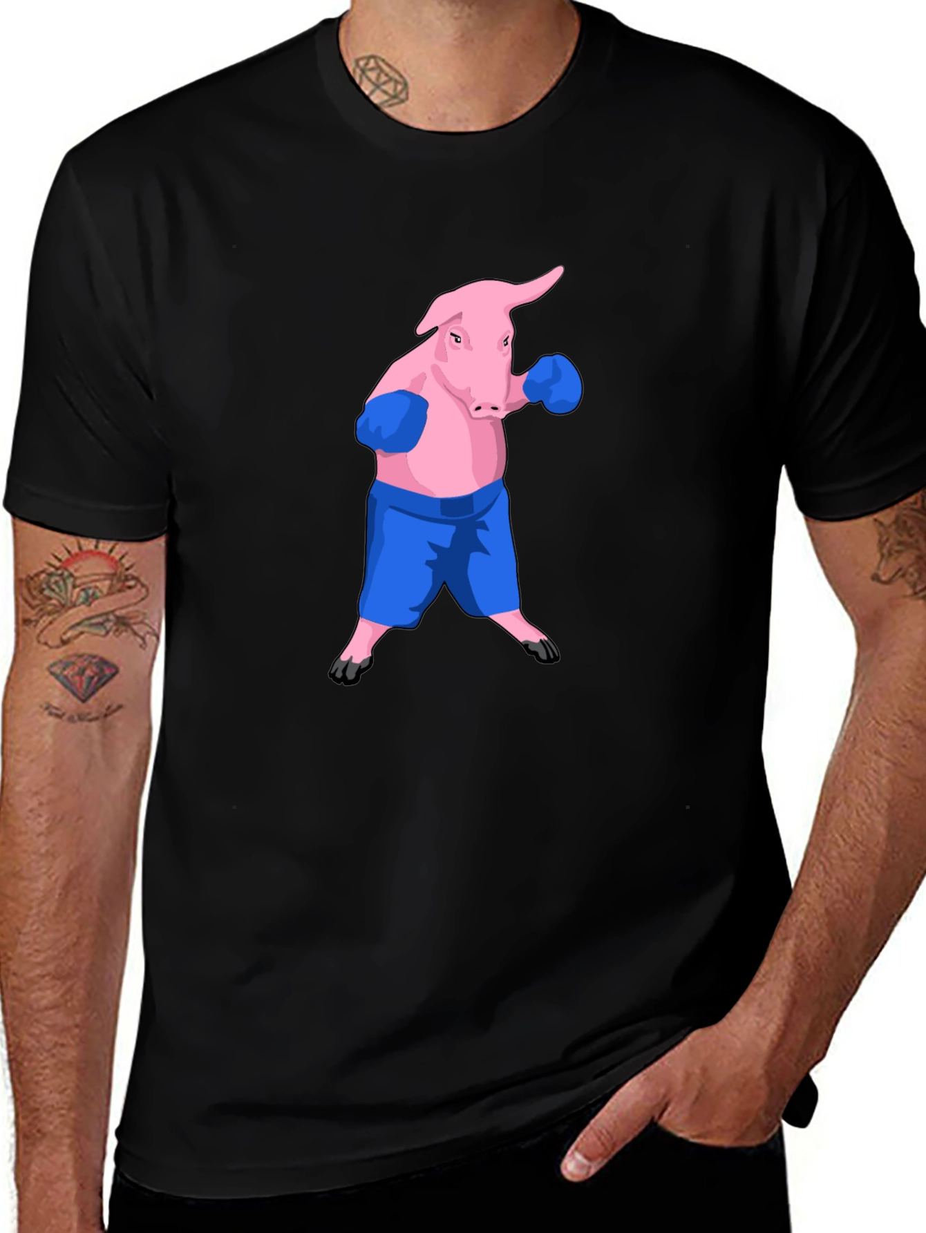 Variant 6 of Pig Boxer Graphic Tee - Black Cotton T-Shirt