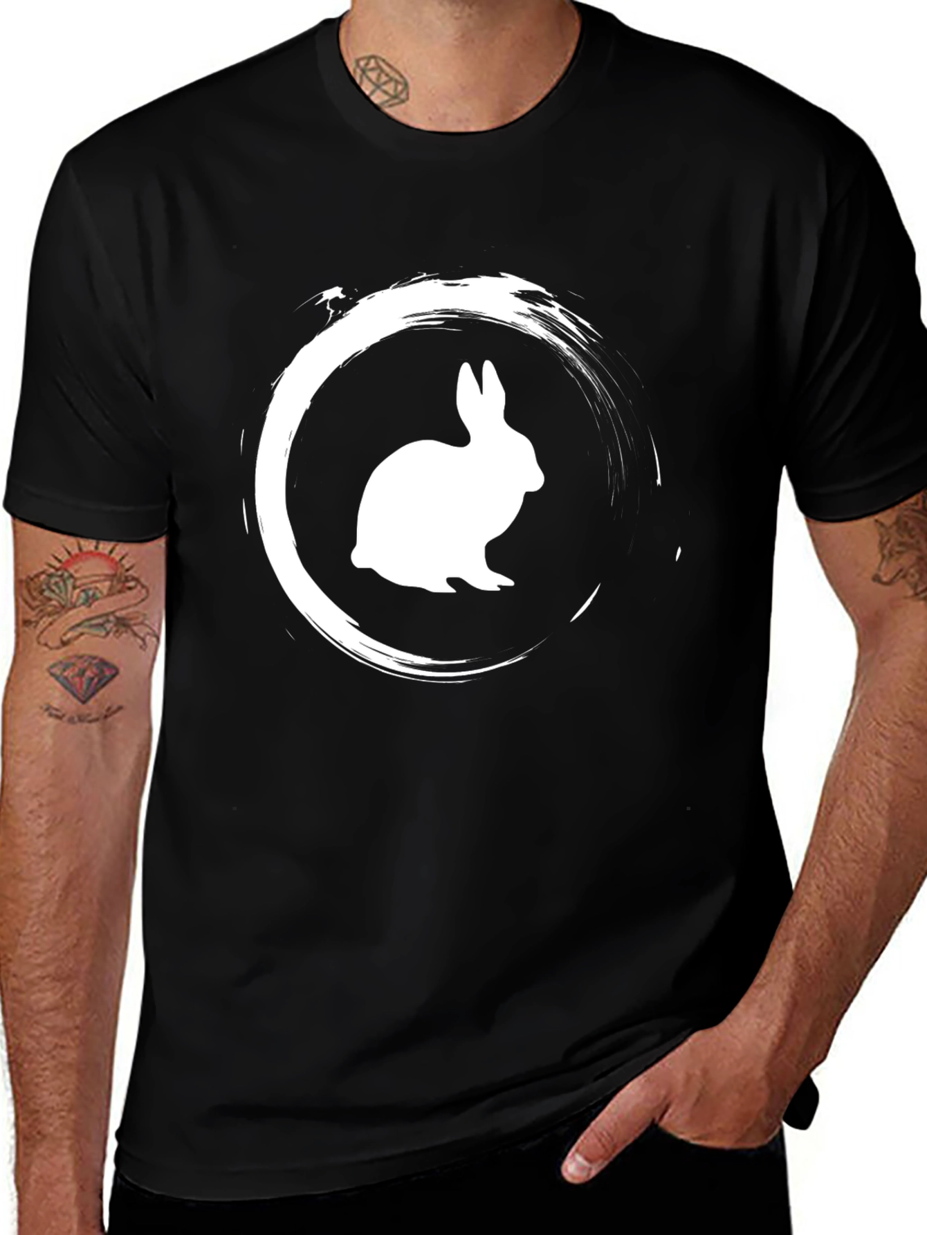 Variant 29 of Rabbit Zen Circle Graphic Tee - Black Cotton T-Shirt