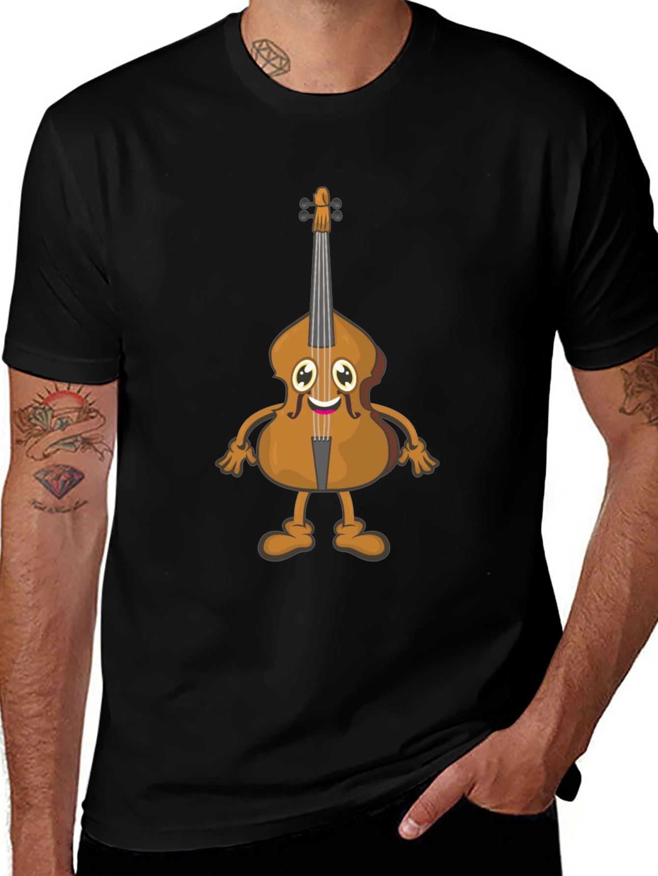 Cartoon Cello Graphic T-Shirt - Black Cotton Tee