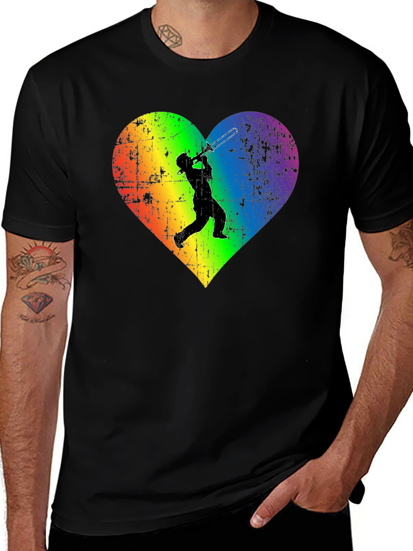 Variant 12 of Rainbow Heart Trombone Player Black T-Shirt