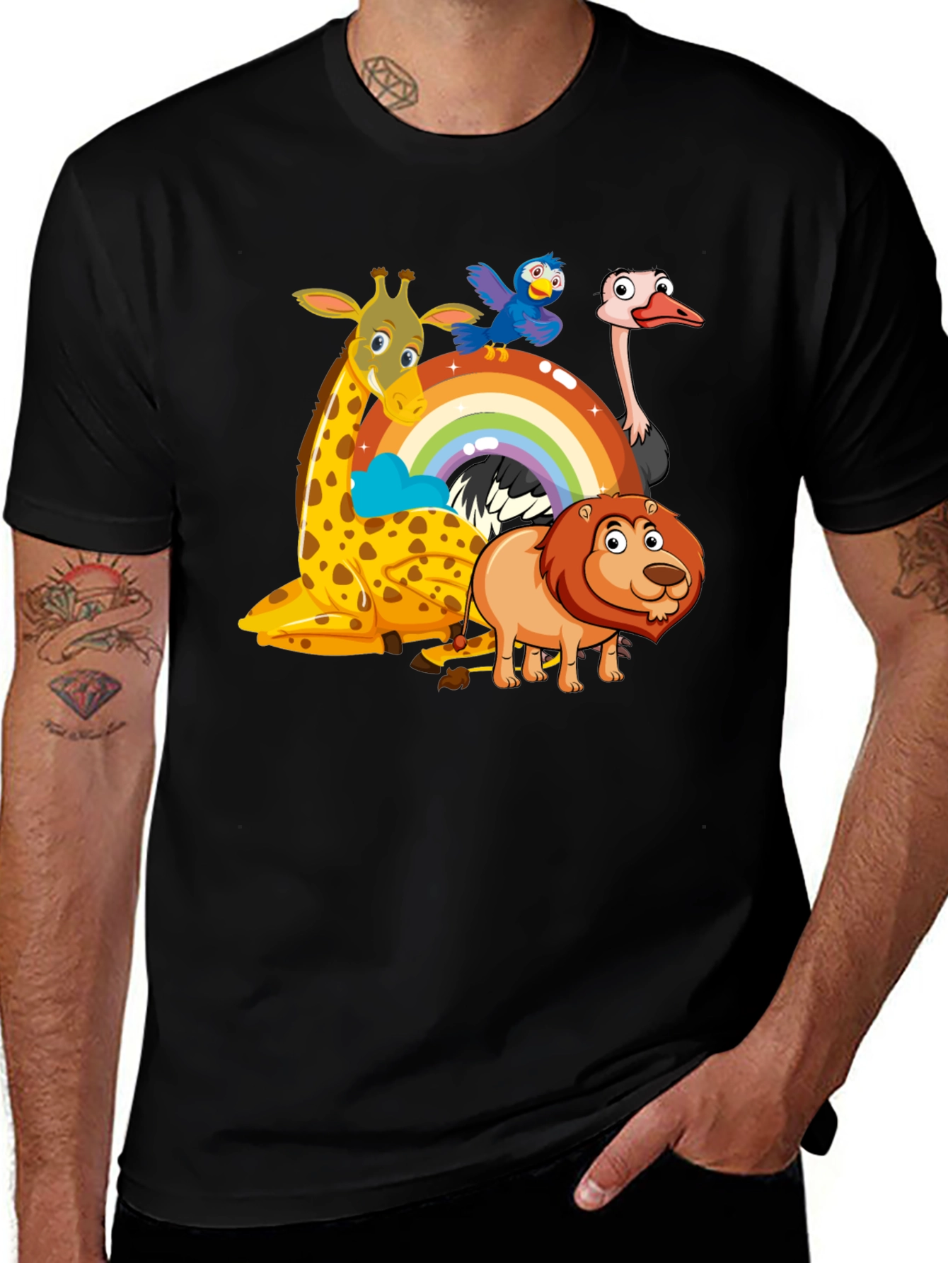 Variant 28 of Cartoon Animals on Rainbow Graphic Black T-Shirt